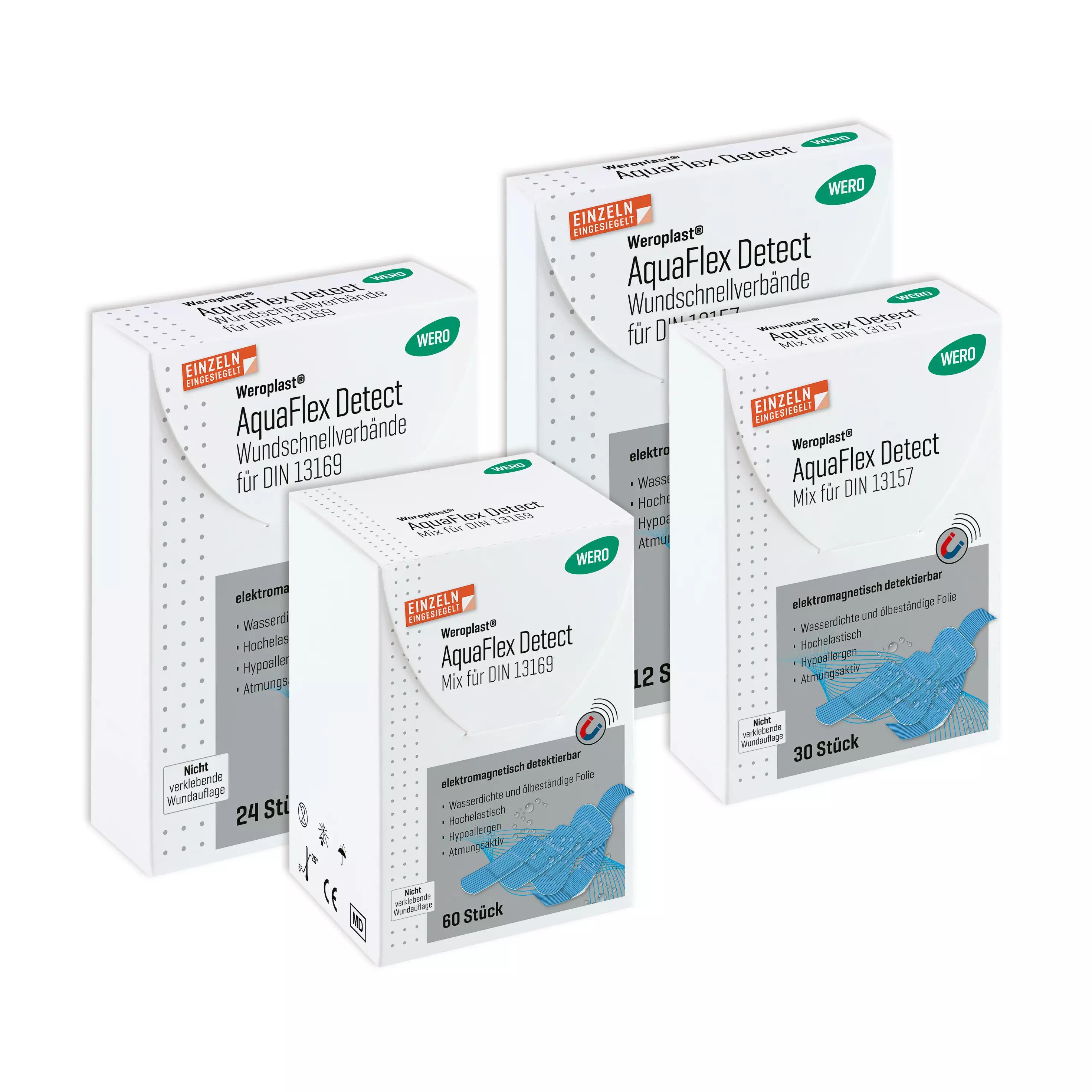 Vier identische Packungen Pflasterset Weroplast® AquaFlex Detect - Mini Mix mit elektomagnetisch detektierbaren, wasserdichten und elastischen Pflastern.