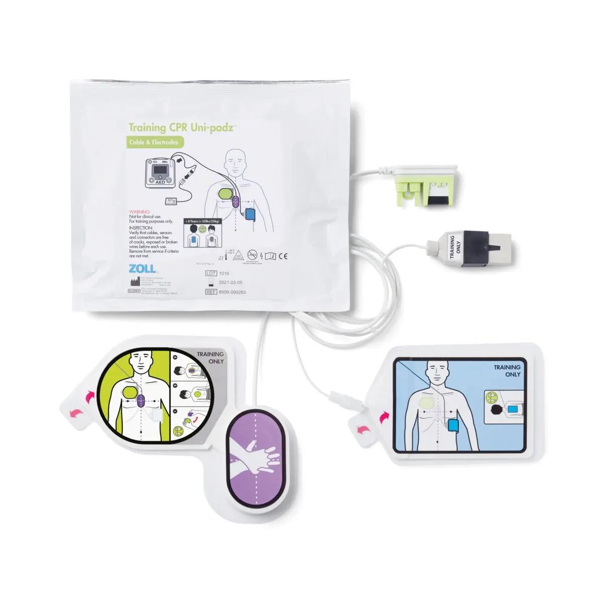 Demo-Elektrode CPR Uni-padz II für den ZOLL AED 3 mit zwei farbig markierten Trainingspads, Coil-Kabel und Trainingsbox, beschriftet mit „Training Only“.