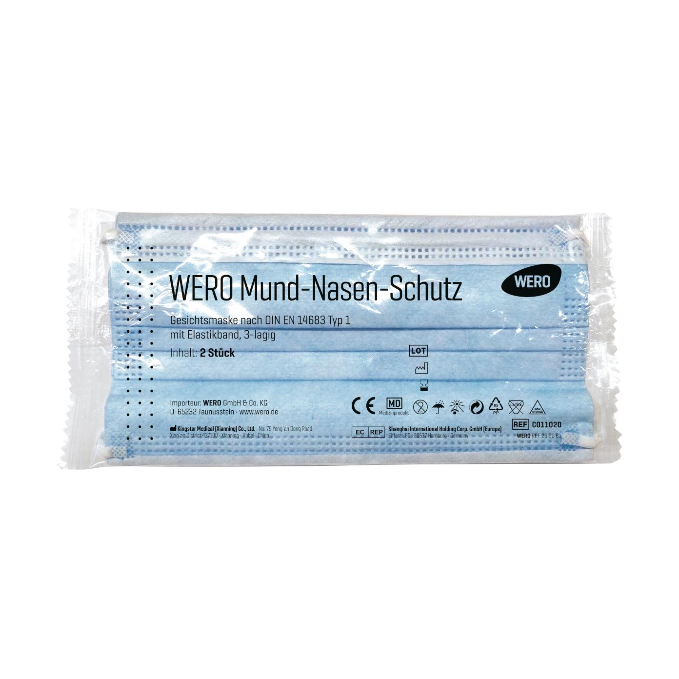 WERO Mund-Nasen-Schutz, 2 Stk in transparenter Verpackung, 3-lagig, blau/weiß, mit Elastikband und latexfrei, Etikett sichtbar.