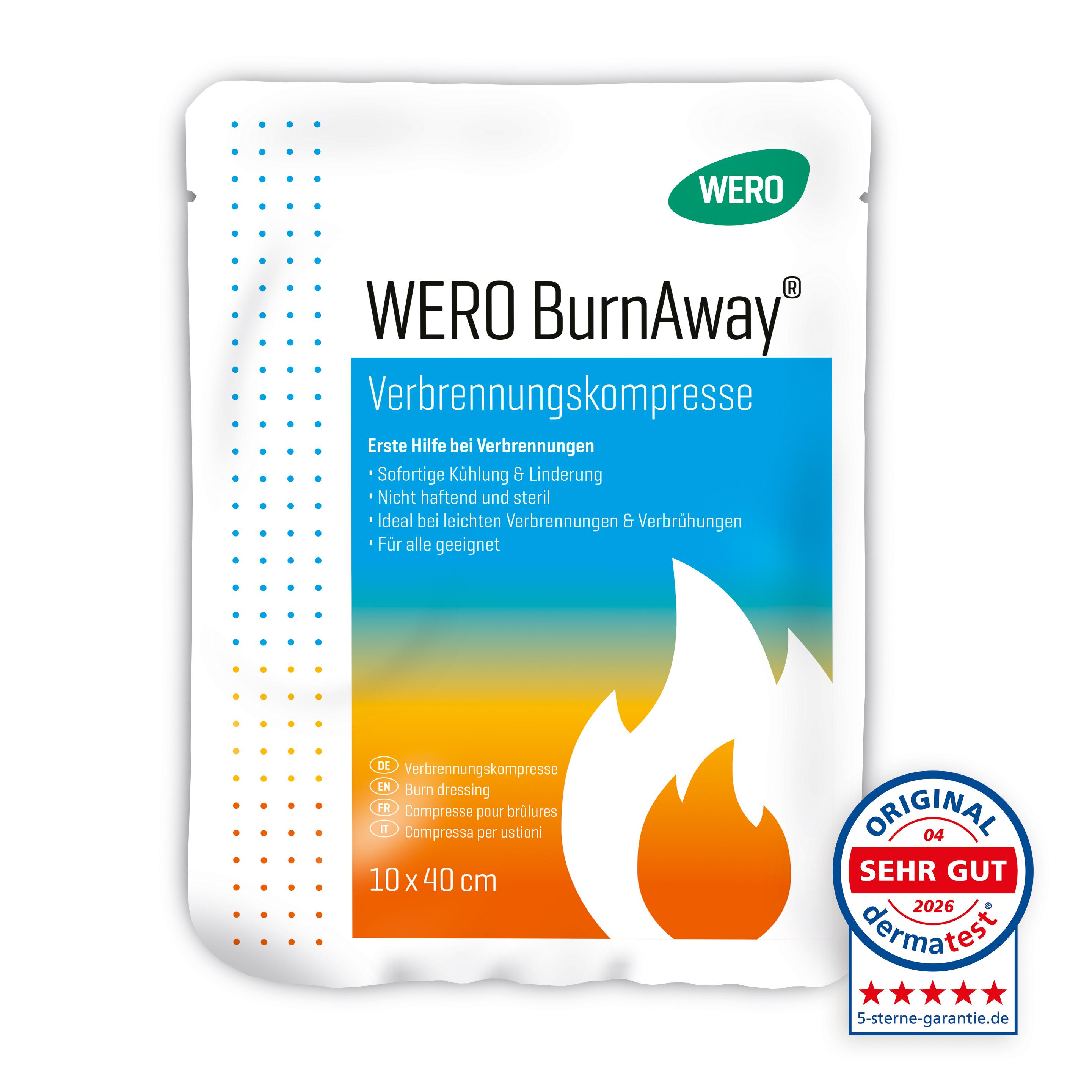 WERO BurnAway® Verbrennungskompresse im versiegelten Beutel, rechteckig 10 x 40 cm, mit kühlender Hydrogel-Beschichtung für schnelle Schmerzlinderung.