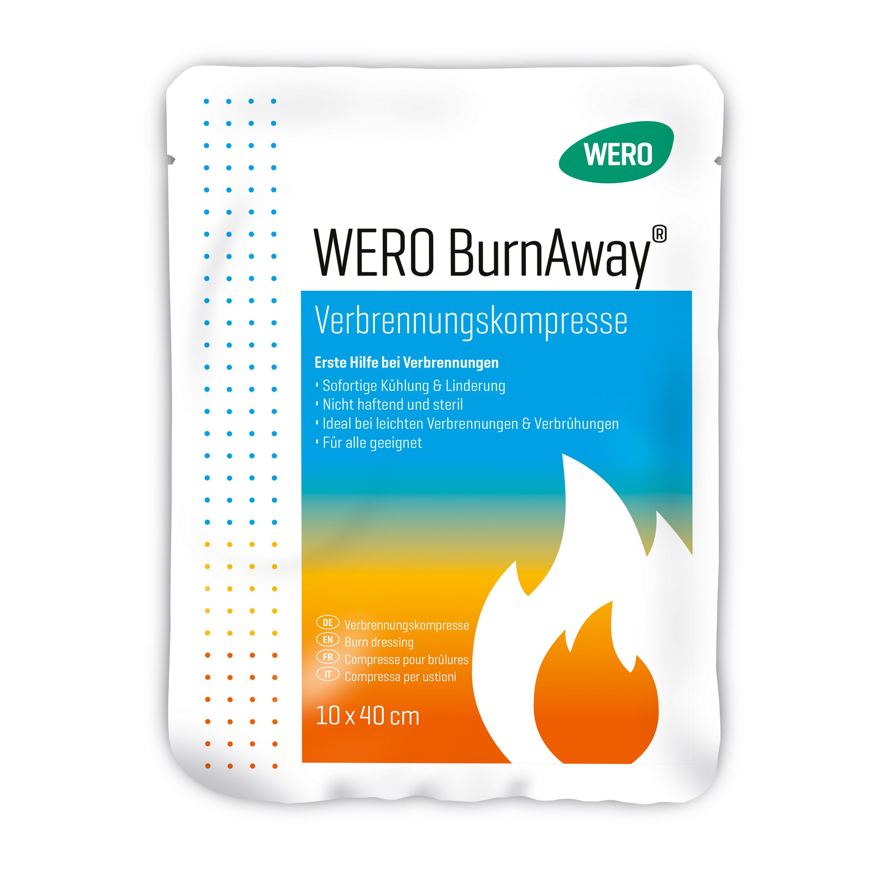 WERO BurnAway® Verbrennungskompresse im versiegelten Beutel, rechteckig 10 x 40 cm, mit kühlender Hydrogel-Beschichtung für schnelle Schmerzlinderung.