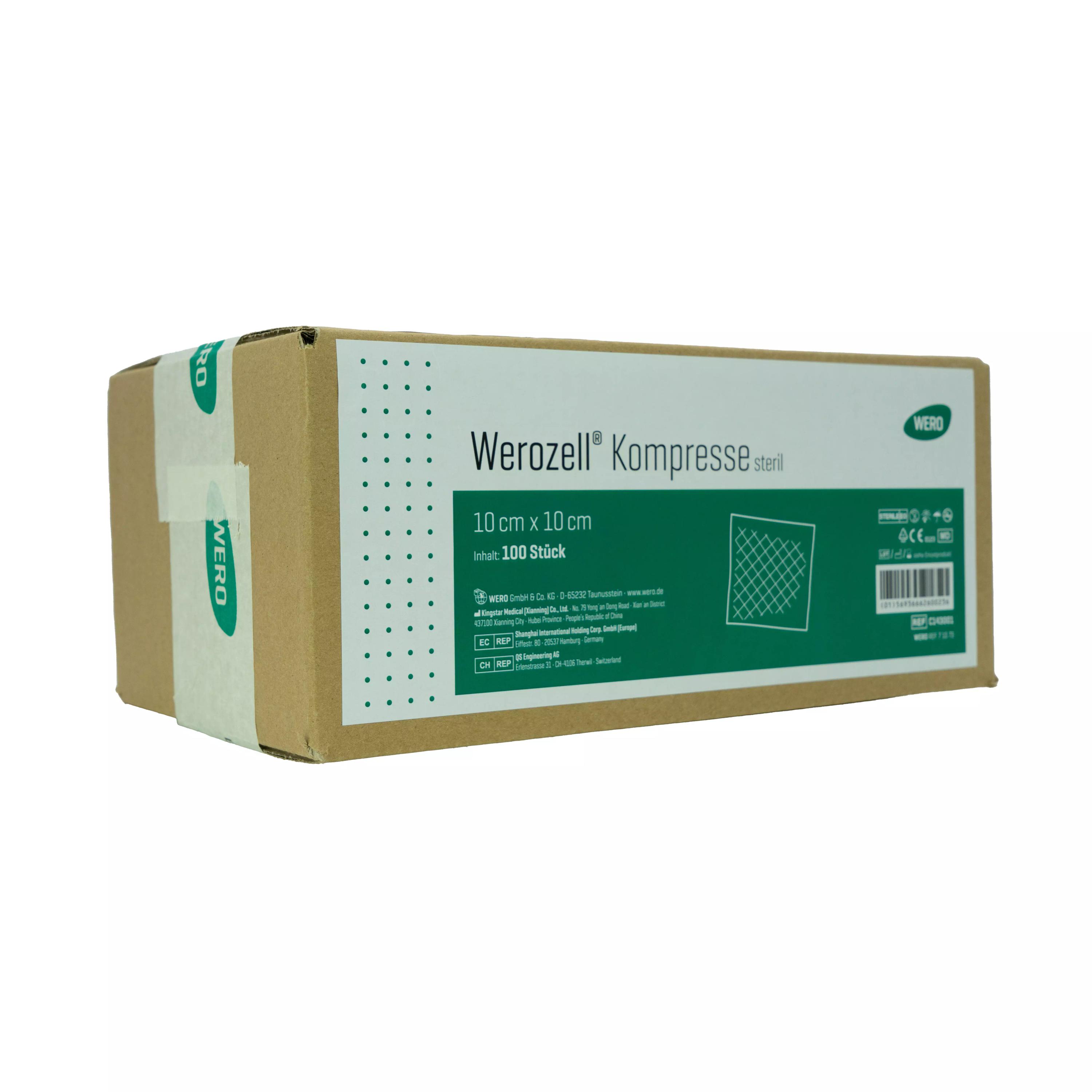 Eine geschlossene Box Werozell® Kompresse, steril - 100 Stk mit deutlich lesbarem Etikett, Produktinfos und Herstellerangaben in Grün und Weiß.