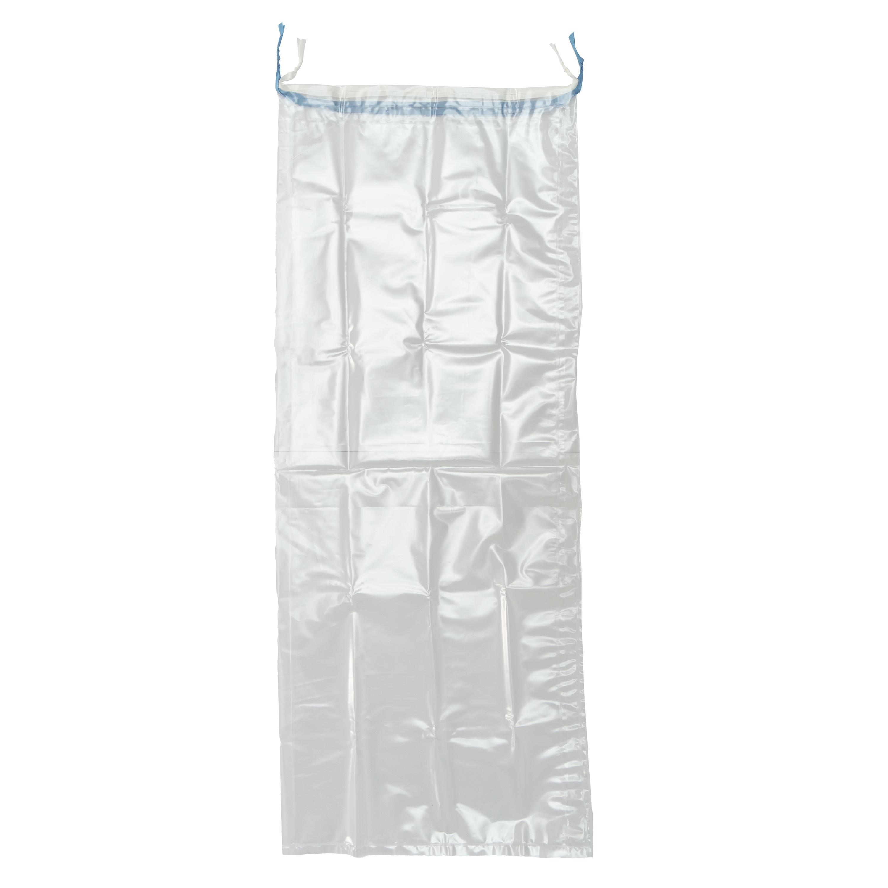 Ein leerer, transparenter WERO Replantat-Beutel, steril - Bein mit weißem Zugband, aus geschmeidiger, durchstoßfester Folie zur sicheren Aufbewahrung.