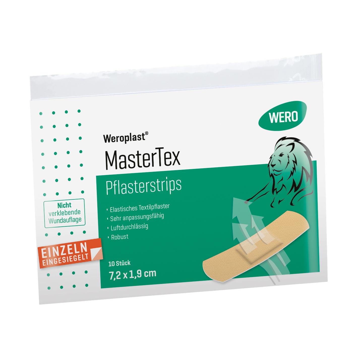 Eine rechteckige Schachtel Pflasterstrips Weroplast® MasterTex zeigt die Produktbezeichnung, ein grünes Löwenlogo sowie 10 elastische, anpassungsfähige Pflaster.