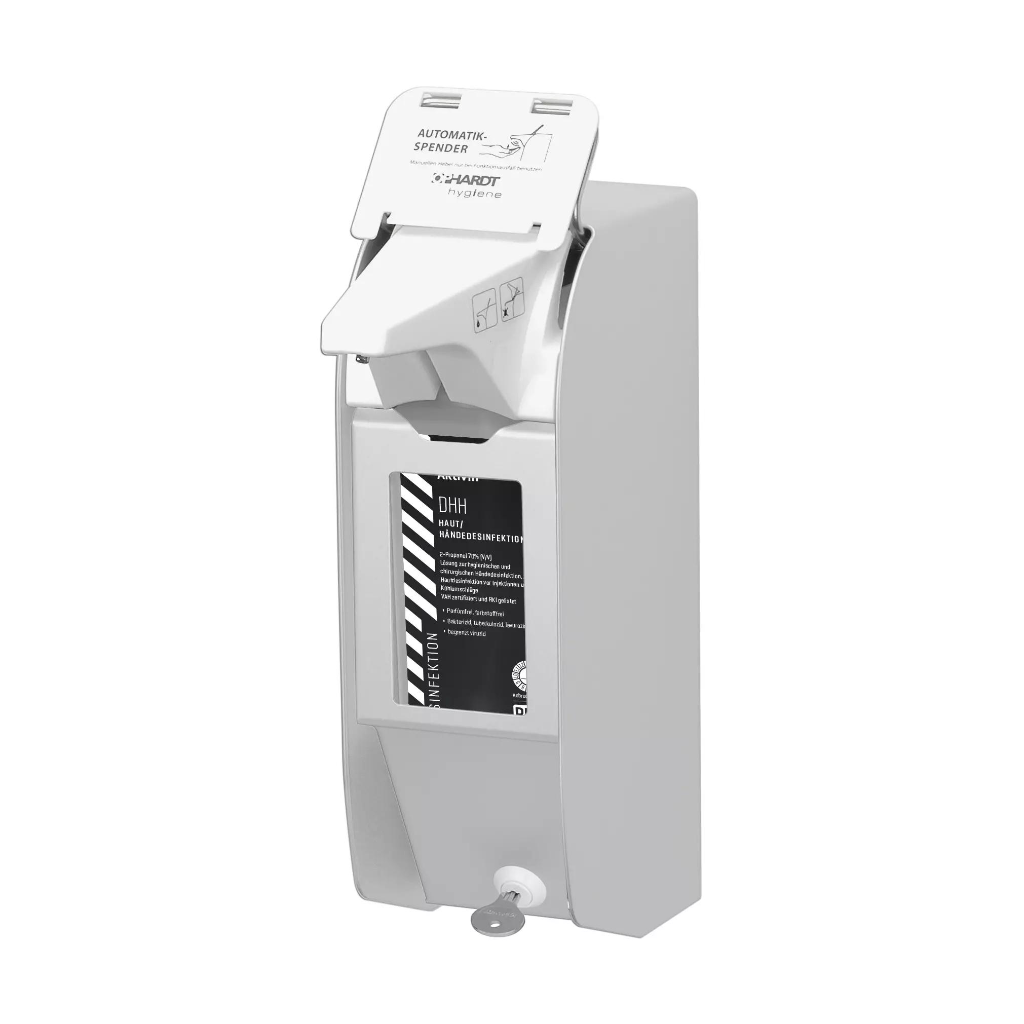 Grauer ALU-Direktspender Touchless für Desinfektionsmittel und Flüssigseifen mit Pumpmechanismus, 500 ml Fassungsvermögen und abschließbarem Deckel.