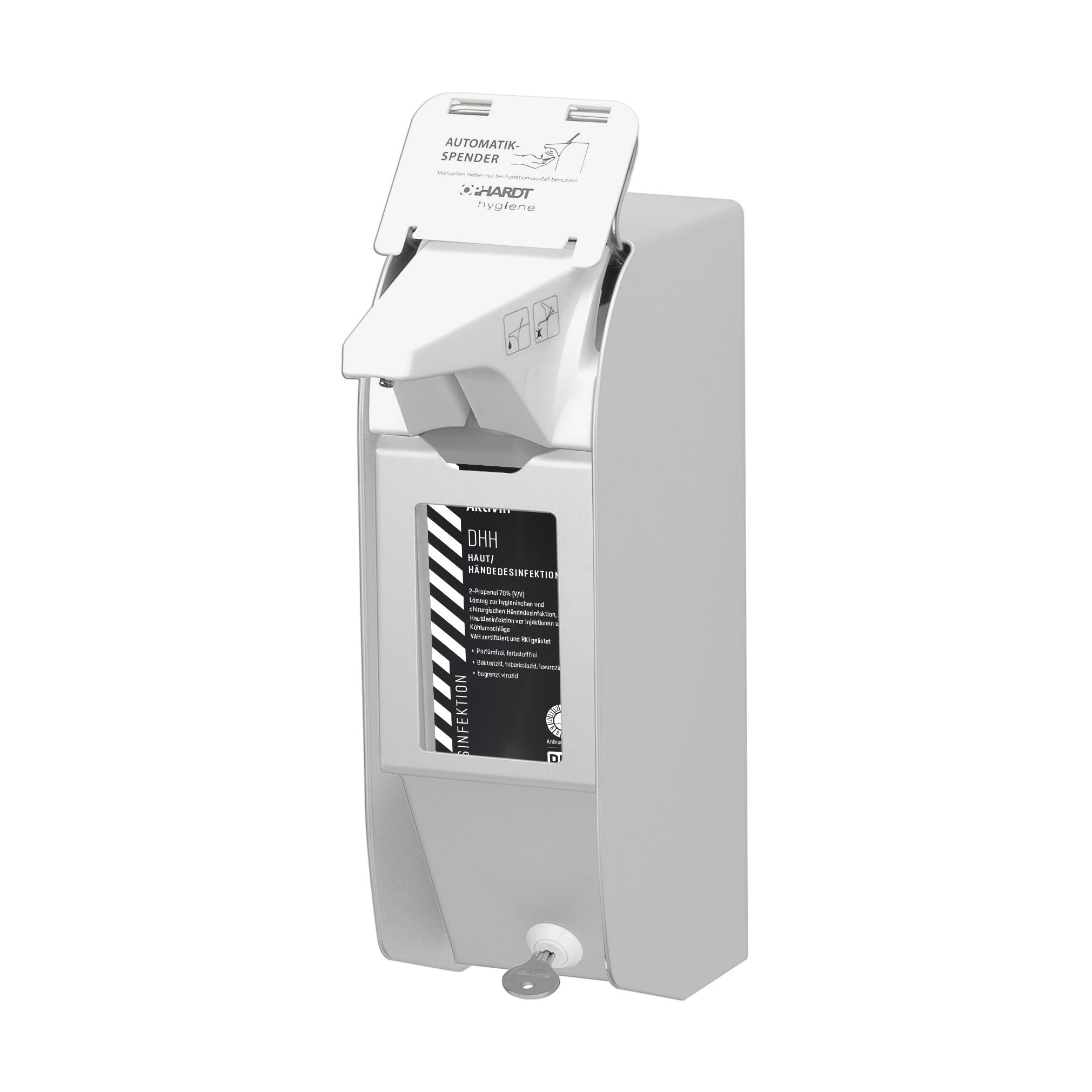 Grauer ALU-Direktspender Touchless für Desinfektionsmittel und Flüssigseifen mit Pumpmechanismus, 500 ml Fassungsvermögen und abschließbarem Deckel.