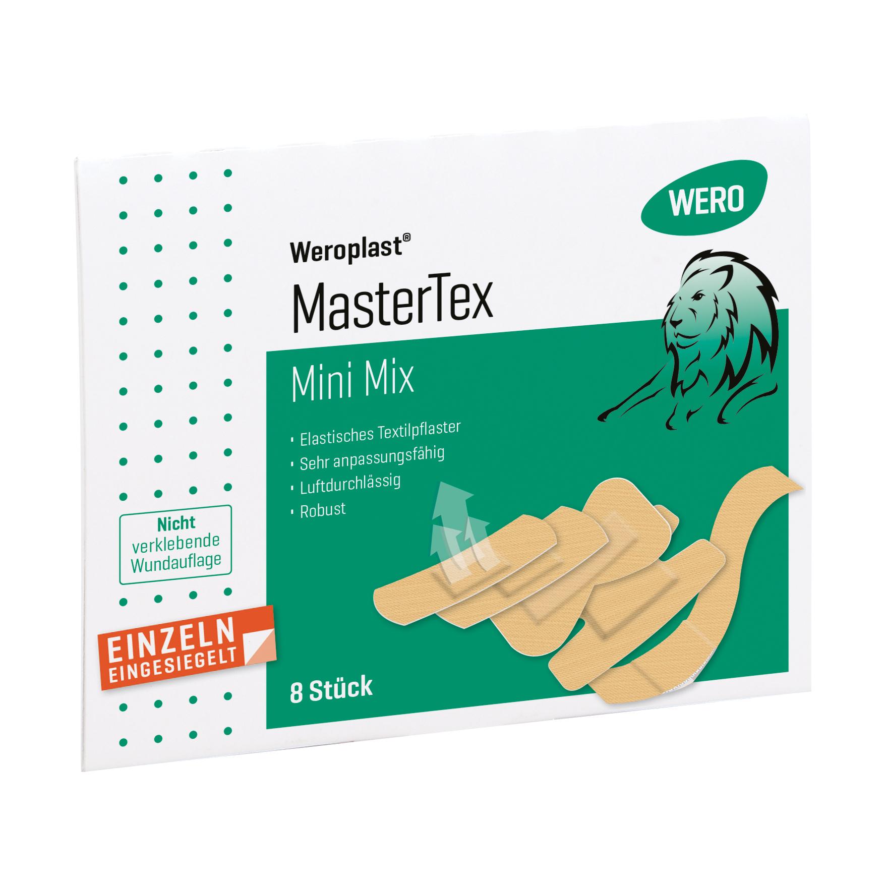 Weiße Verpackung des Pflasterset Weroplast® MasterTex - Mini Mix mit grünem Etikett, rotem Pfeil, Löwenzeichnung und Hinweis auf elastisches Textilgewebe.