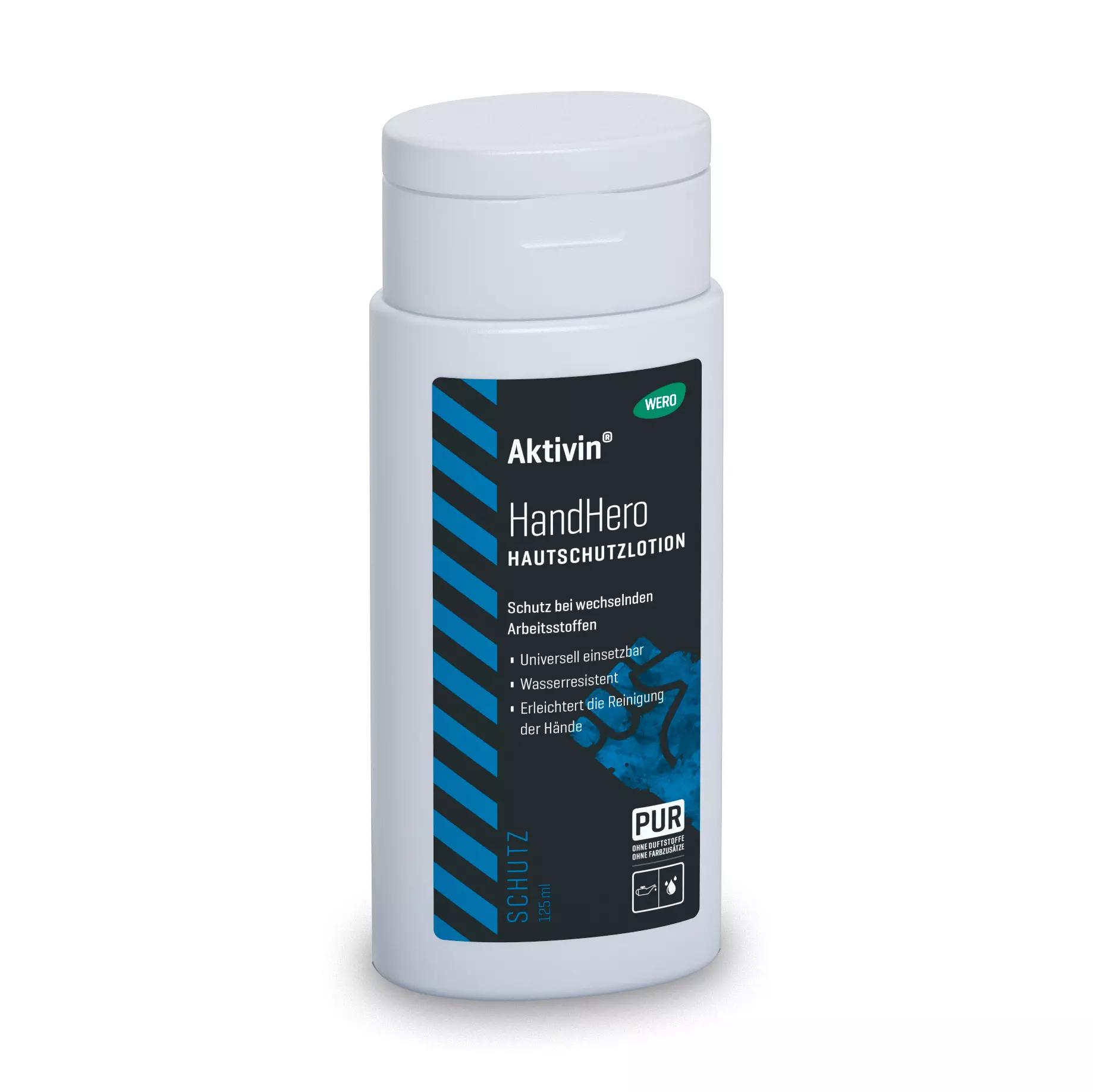 Eine 125 ml Flasche Hautschutzlotion Aktivin® HandHero mit blauer Etikettierung, frei von Duft- und Farbstoffen, als Öl-in-Wasser-Emulsion.