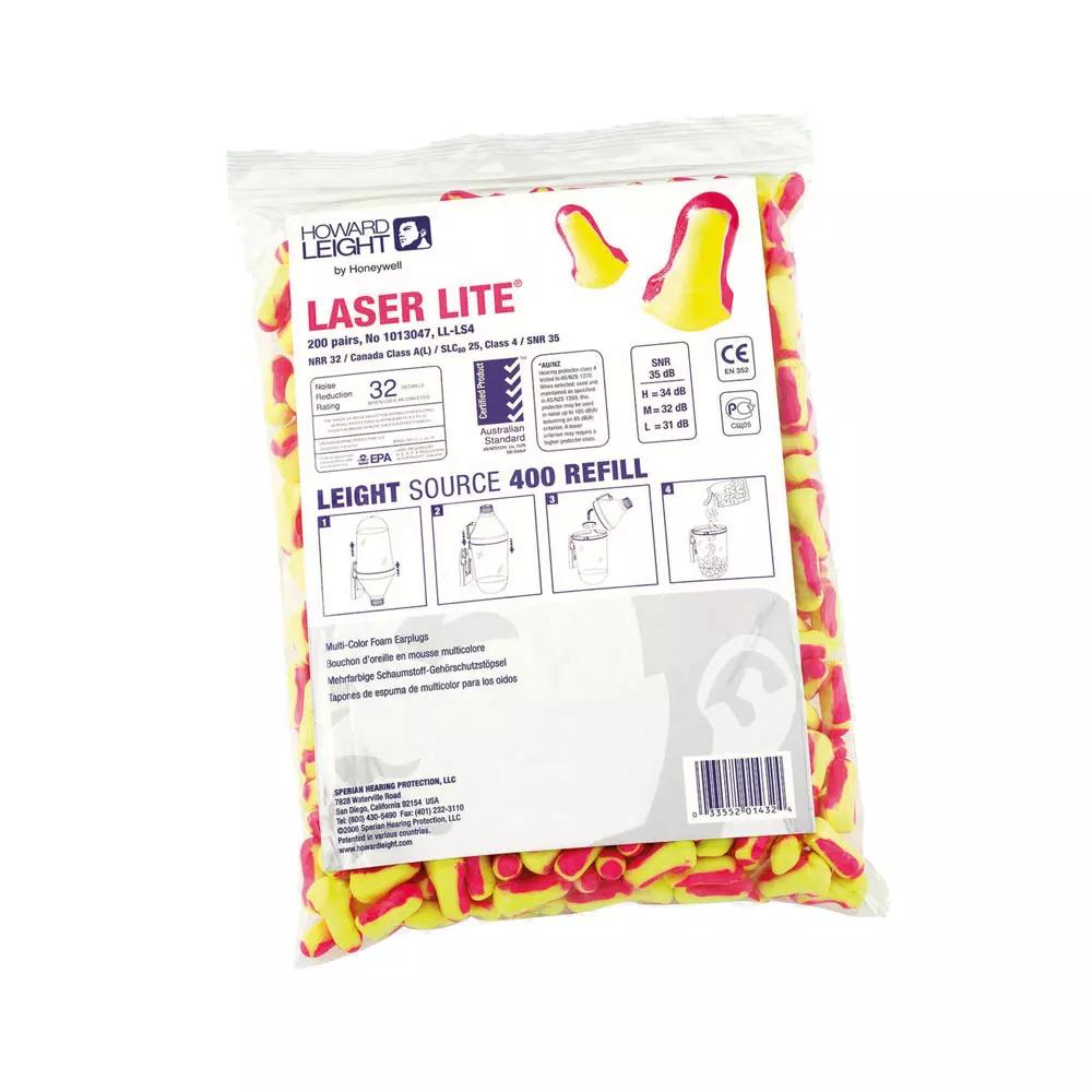 Ein transparenter Beutel mit Nachfüllpackung Honeywell Laser Lite® Gehörschutzstöpseln, t-förmig, aus weichem PU-Schaum, 200 Paar, gelb-rot gemustert.