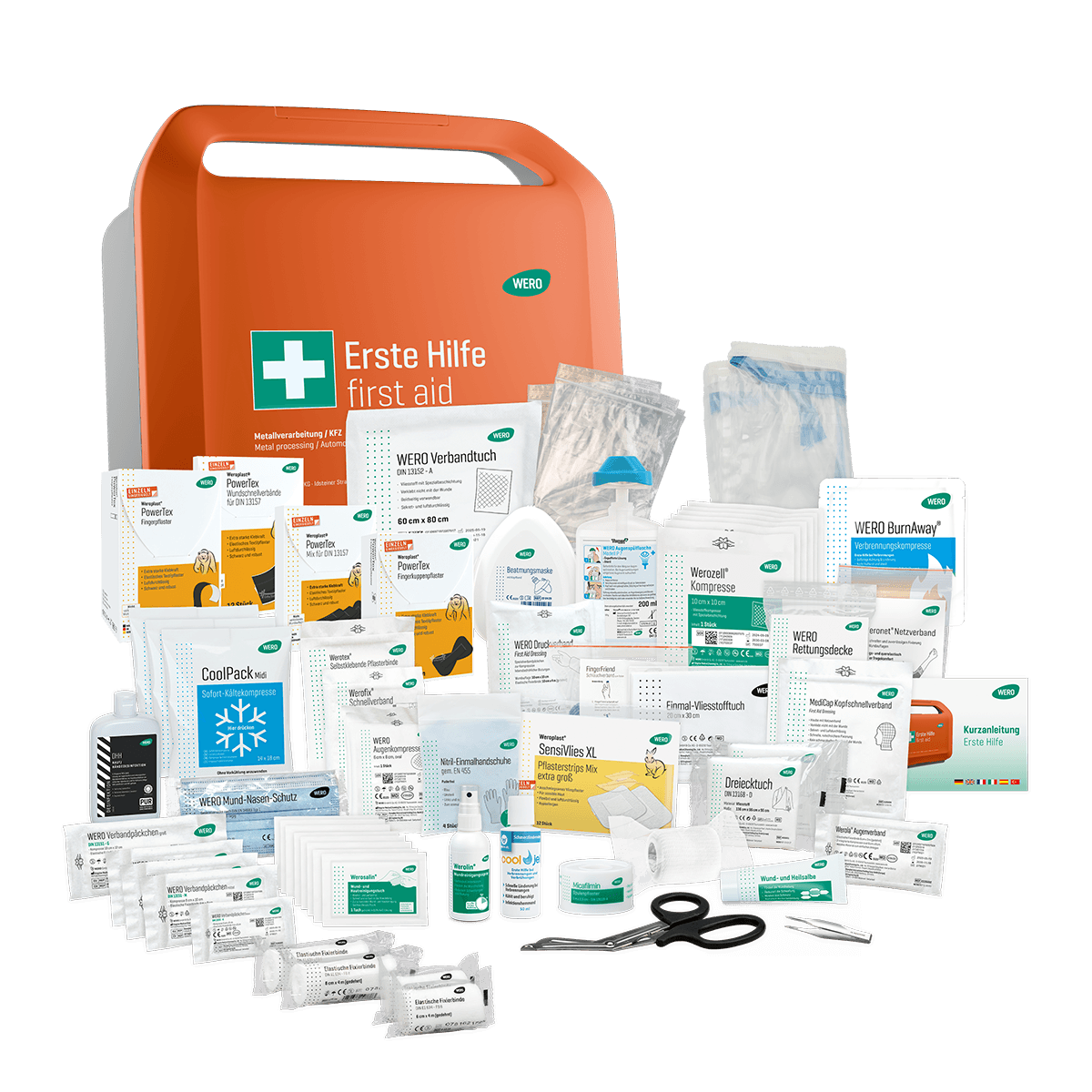 Ein geöffneter WERO Smart Case® Erste-Hilfe-Koffer DIN 13157 zeigt Verbandmaterial, antiseptische Tücher und Handschuhe vor dem orangefarbenen Koffer.