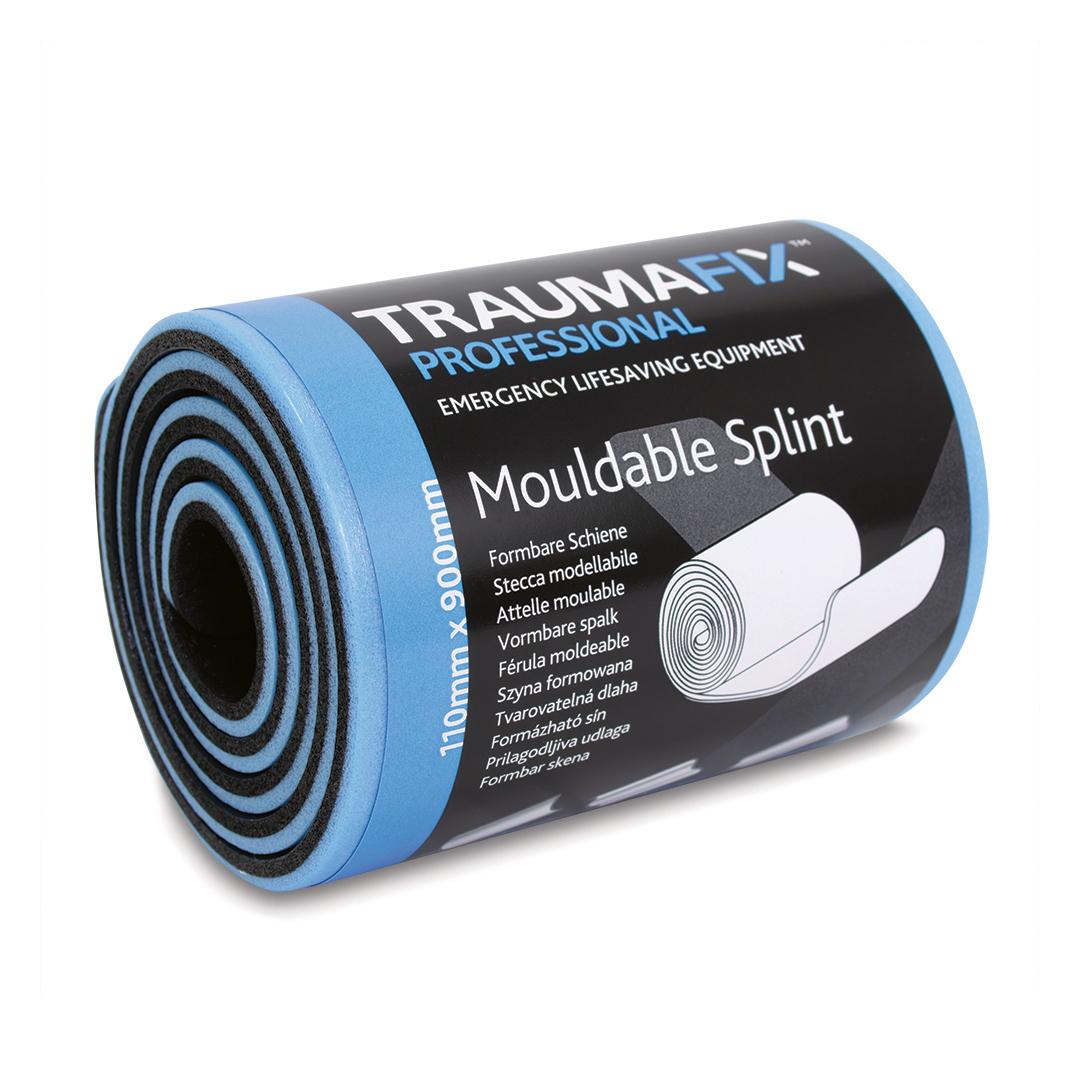 TraumaFix™ Universalschiene / Fingerschiene - gerollt als kompakte, blau-schwarze, formbare Schiene mit ablesbarem Etikett und Maßen 110 x 900 mm.