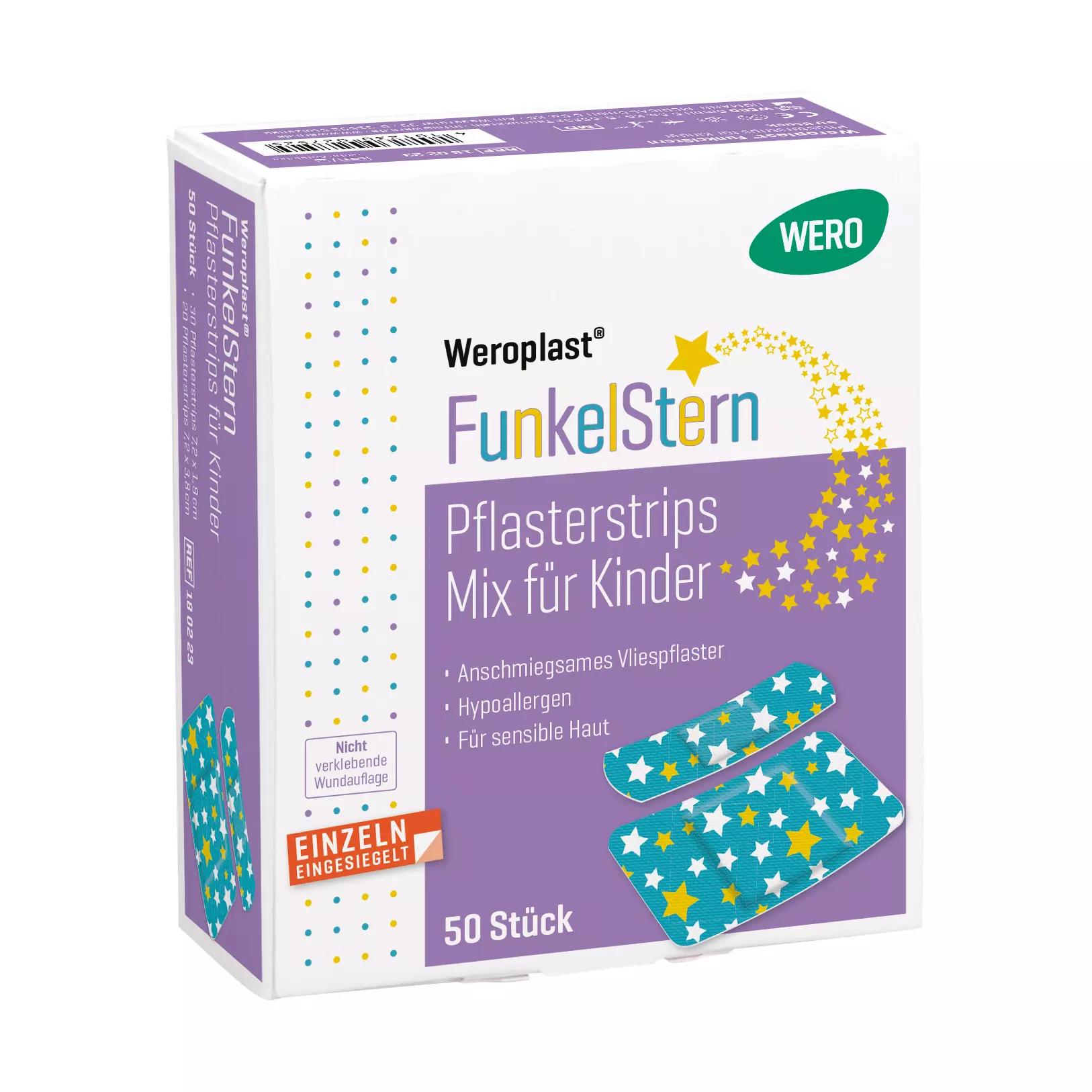 Schachtel Pflasterstrips Weroplast® FunkelStern für Kinder mit buntem Sternenmuster, hypoallergen und für empfindliche Kinderhaut geeignet.