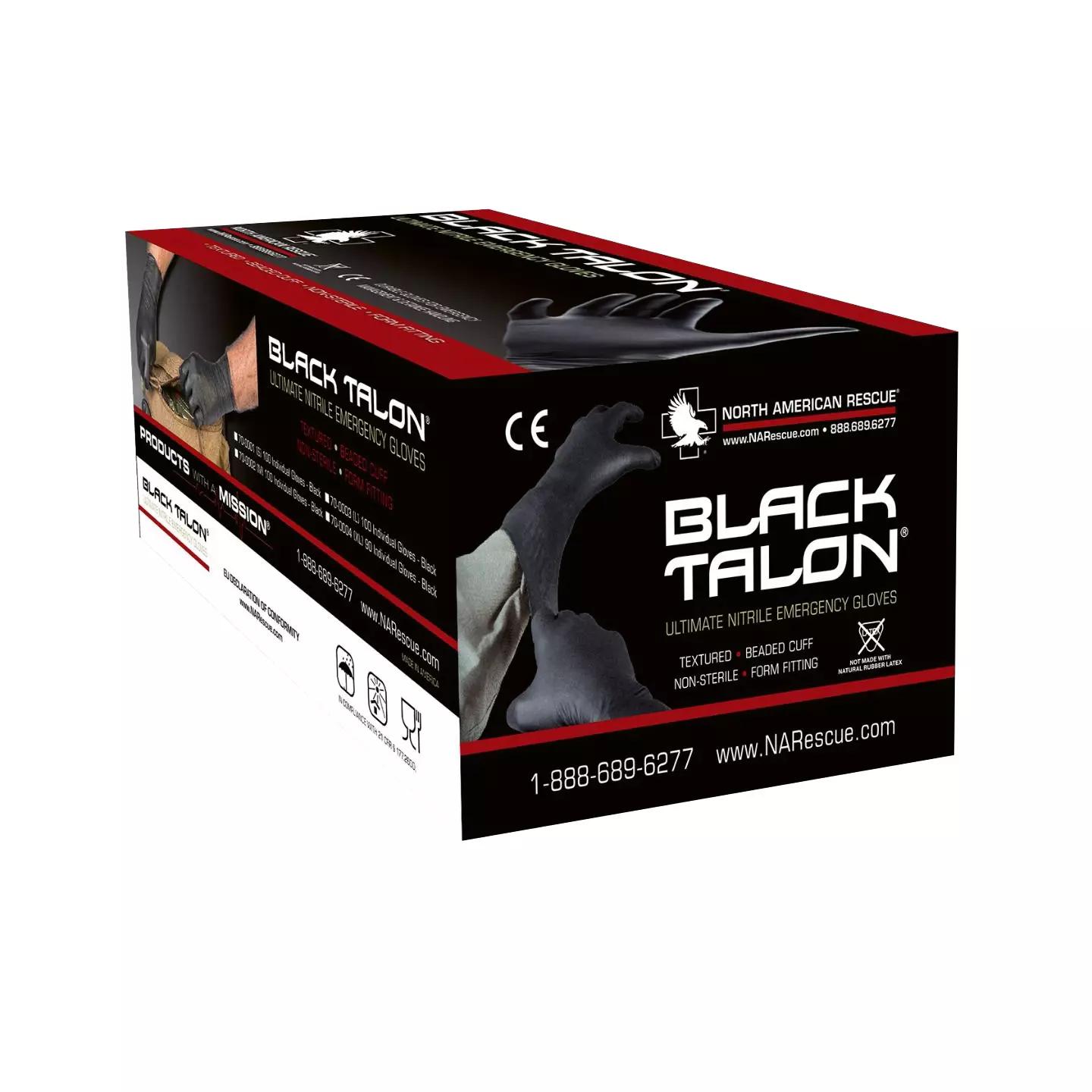 Eine Packung NAR Black Talon® Nitril Einmalhandschuh, XL, 90 Stk in Schwarz mit klar sichtbarer Produktabbildung und Markenlogo auf der Vorderseite.