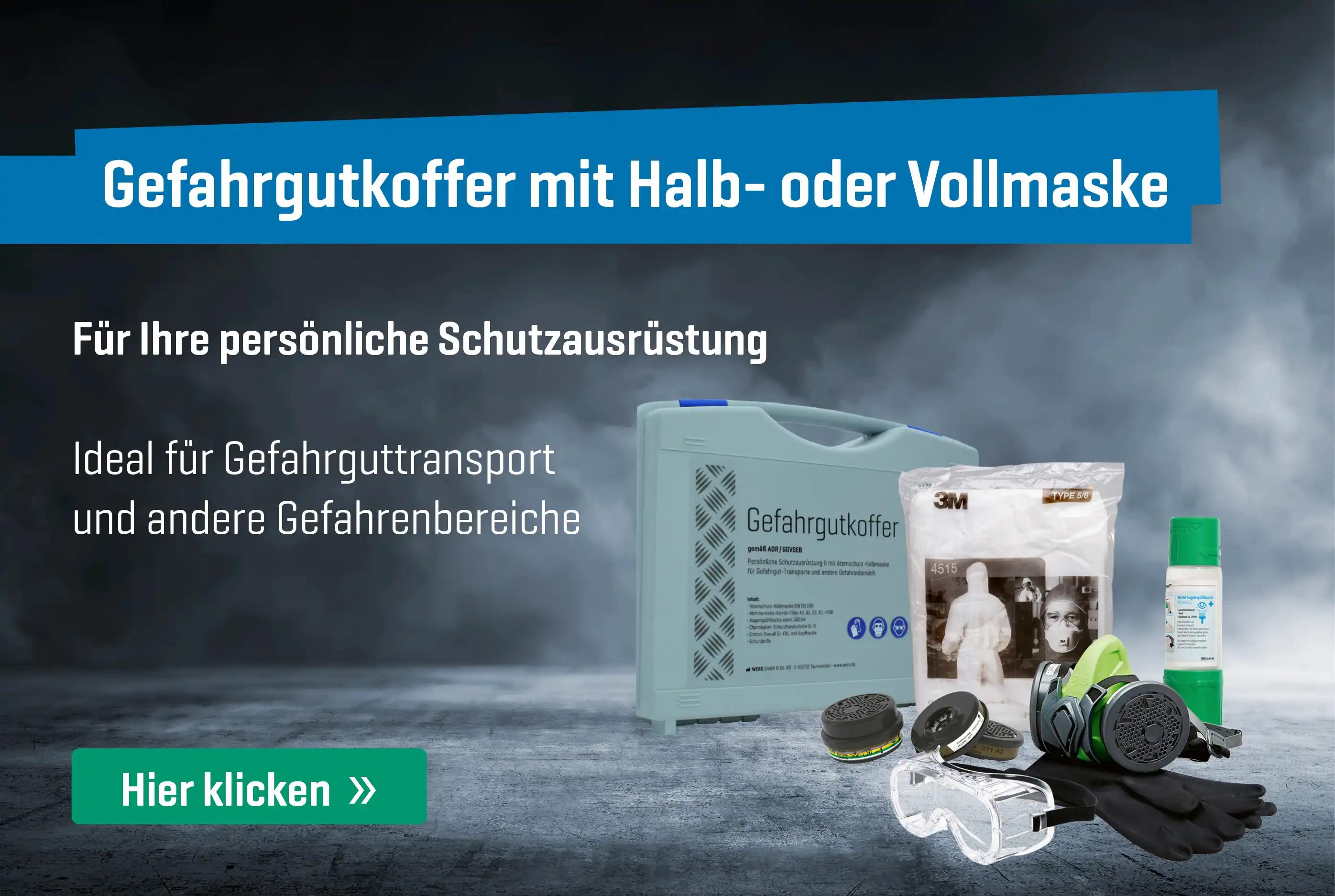 Banner für den WERO Gefahrgutkoffer mit Halb- oder Vollmaske. Links Text, Rechts eine Abbildung des Produkts.
