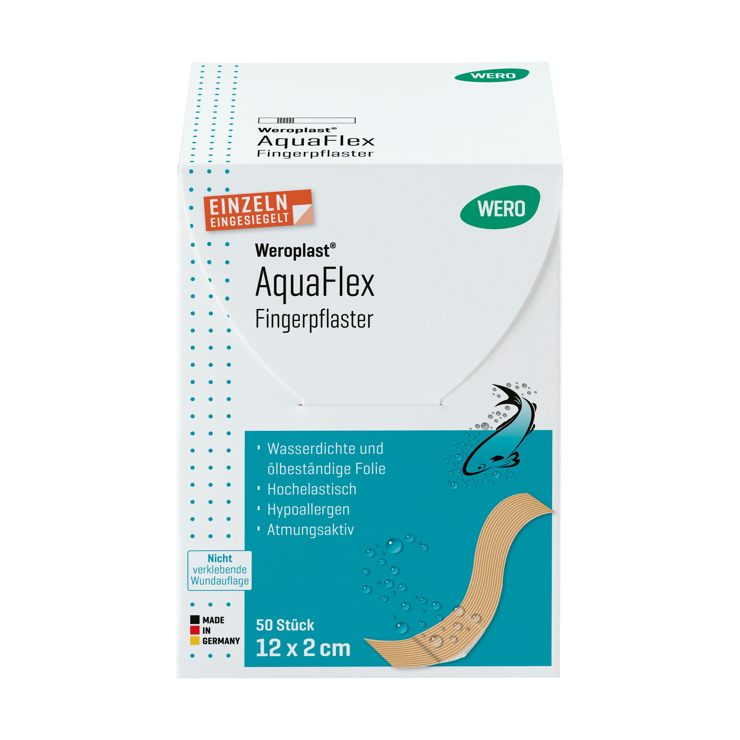 Weiße Weroplast AquaFlex Fingerpflasterbox mit blauem Fischdesign und Hinweis auf 50 wasserfeste, hypoallergene Pflaster 12 x 2 cm