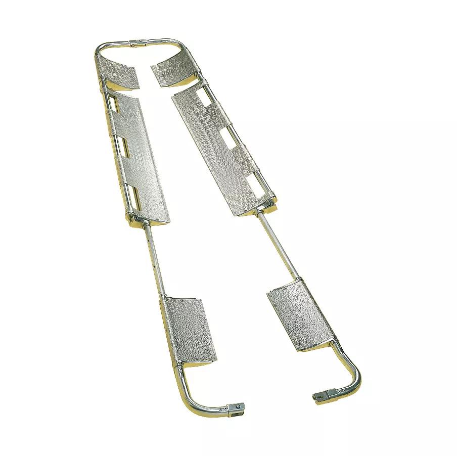 Zwei silberne Schaufeltrage gemäß EN 1865 Streben aus Aluminium, klappbar und robust, liegen verschränkt nebeneinander.