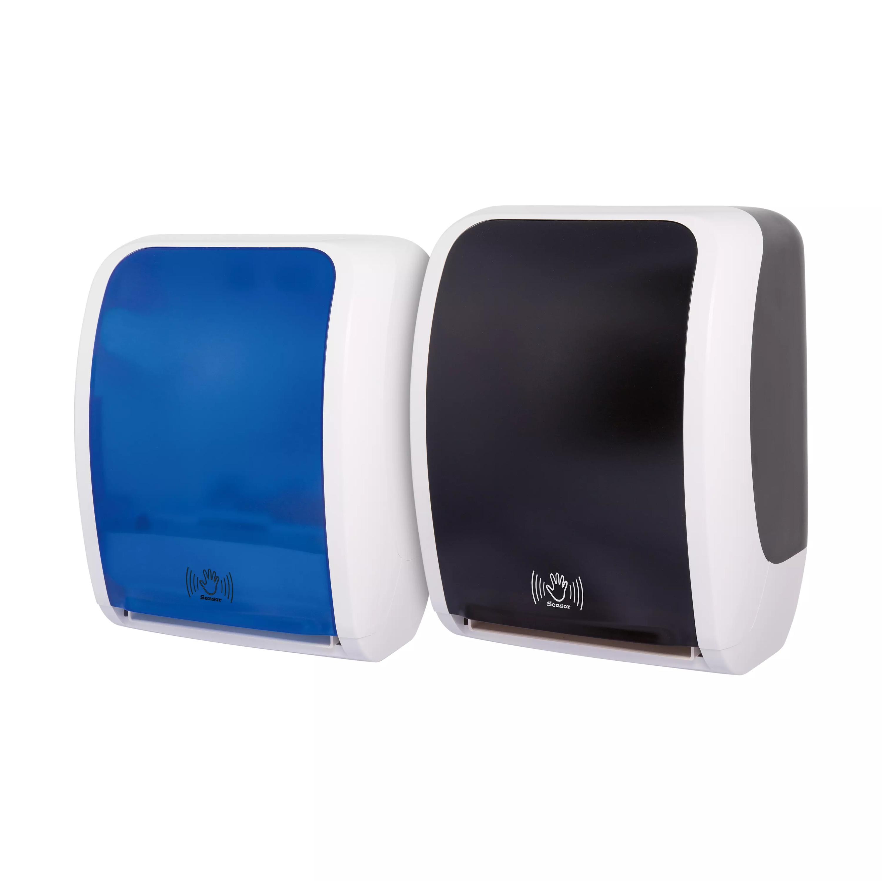 Zwei Handtuchspender RATIO touchless – Schwarz, mit berührungslosem Sensor, jeweils auf weißem Sockel, einer in Schwarz, einer in Blau.