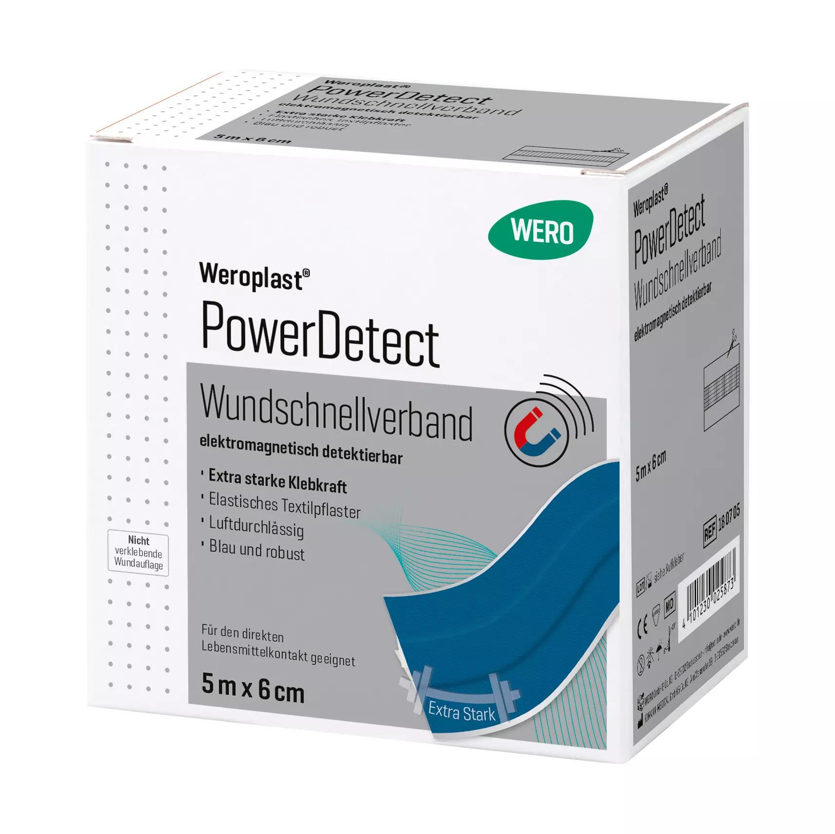 Eine stehende Box des Wundschnellverband Weroplast® PowerDetect - 6 cm, 5 m mit blau-grauem Design, Größenangabe und Erkennbarkeit durch Aluminiumstreifen.