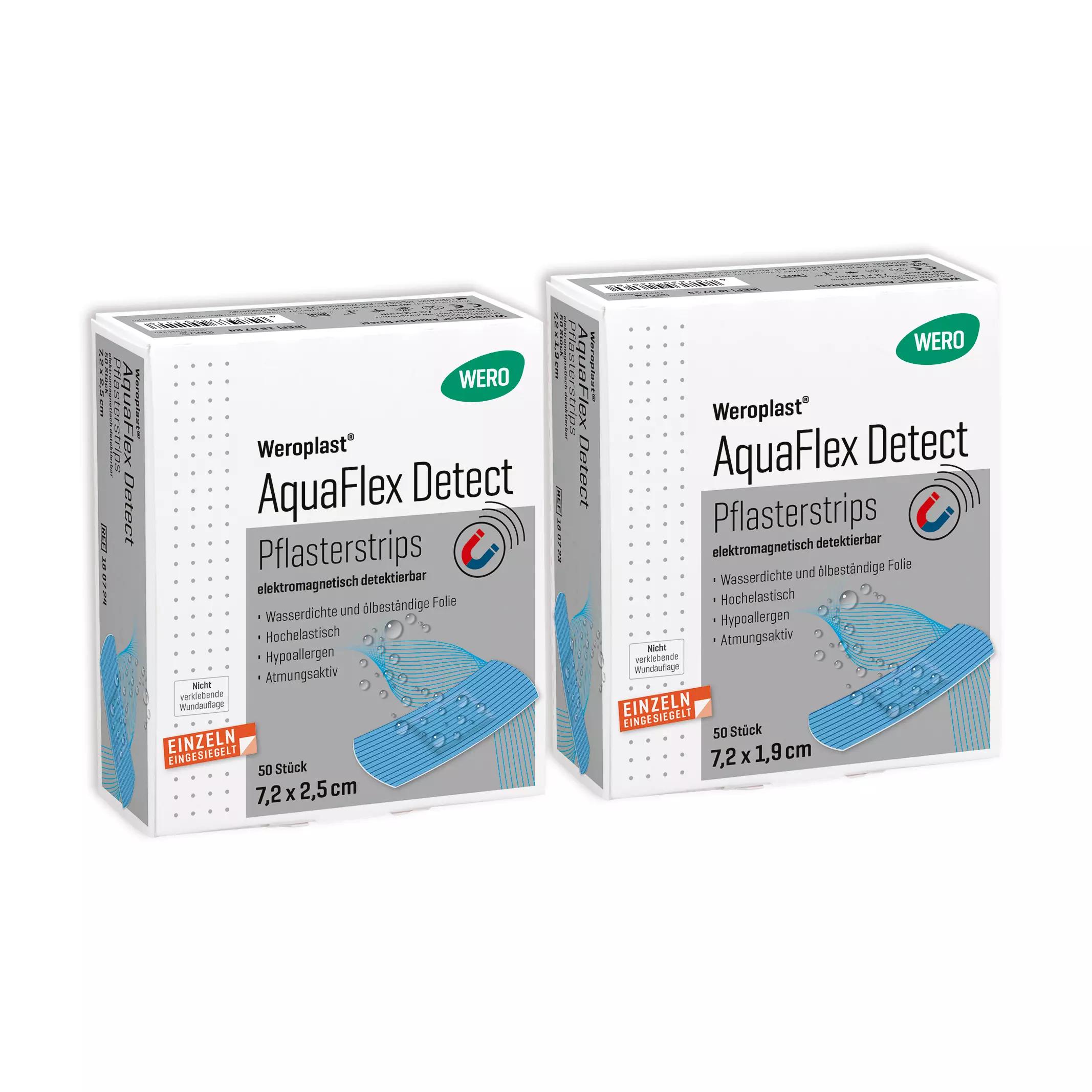 Zwei Weroplast® AquaFlex Detect Pflasterstrips-Boxen mit blauen, wasserdichten, detektierbaren Strips für feuchte Haut, 7,2 x 1,9 cm, abgebildet.