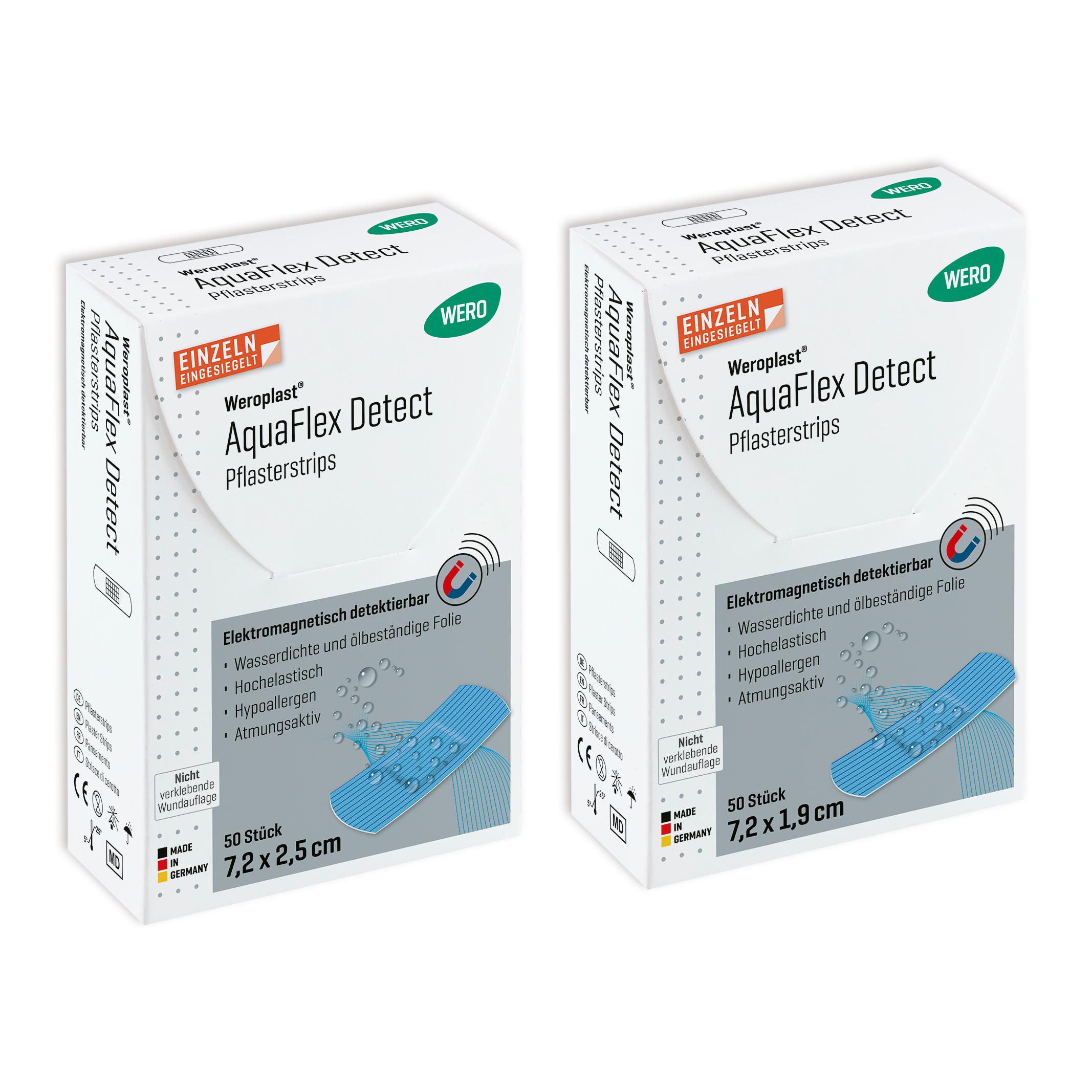 Zwei Weroplast® AquaFlex Detect Pflasterstrips-Boxen mit blauen, wasserdichten, detektierbaren Strips für feuchte Haut, 7,2 x 1,9 cm, abgebildet.
