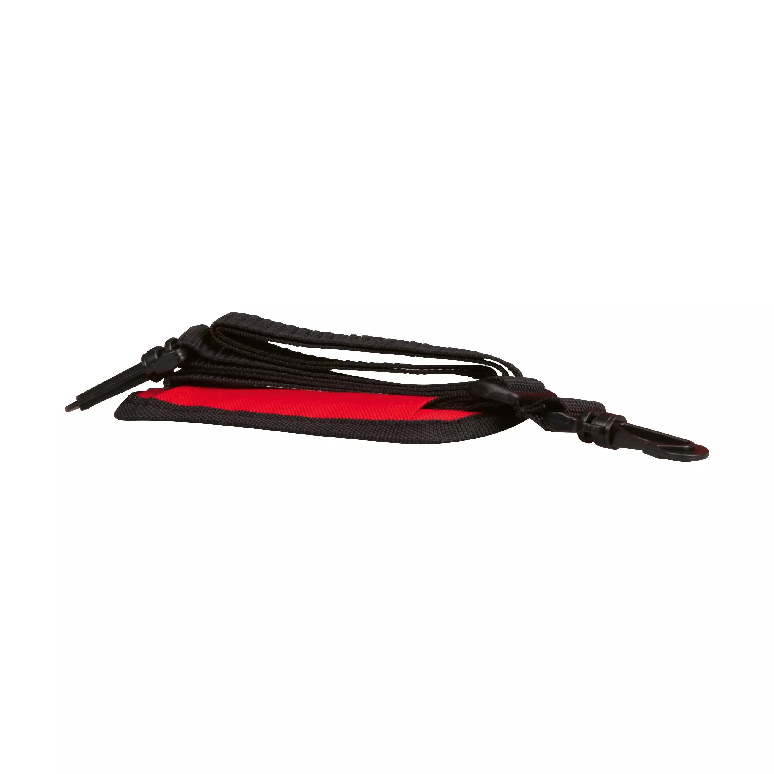 Schwarzer und roter, ergonomisch geformter Kameragurt mit zwei robusten schwarzen Clips an den Enden, zusammengerollt.