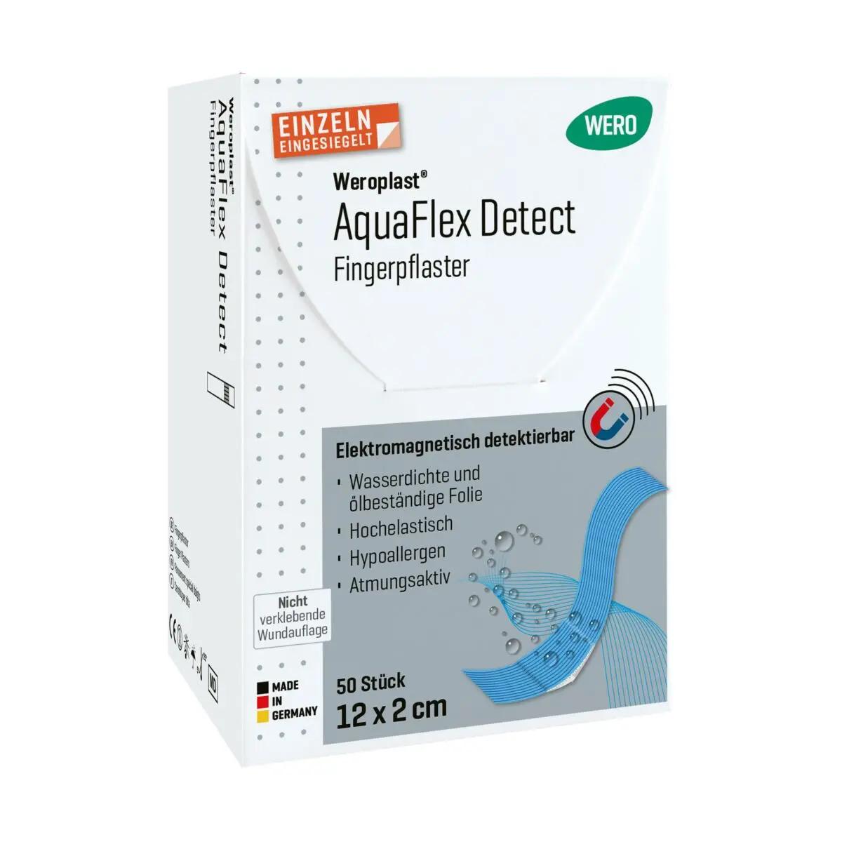 Weiße Verpackung WEROPLAST AquaFlex Detect Fingerpflaster, 50 x 12 cm, wasserfest, hypoallergen, made in Germany