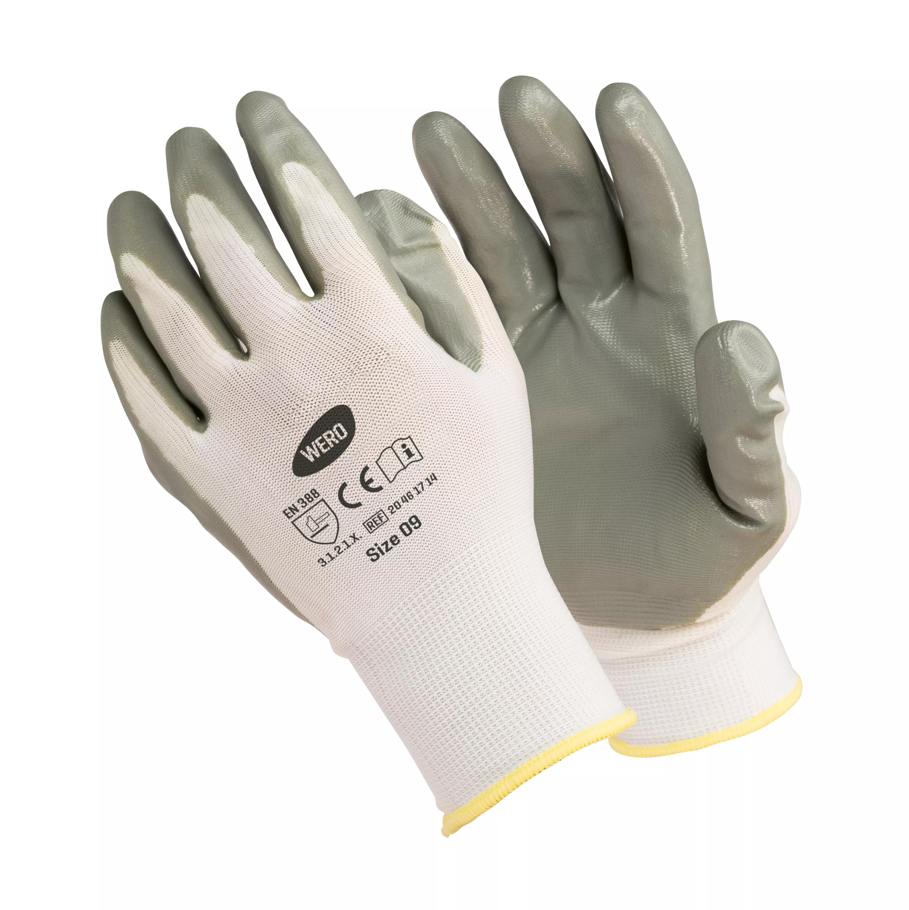 Graue Montagehandschuhe WERO Premium Nitril, mit weißer Texturfläche, gelbem Bund, aus Polyamid und Nitrilbeschichtung, Größe 10.