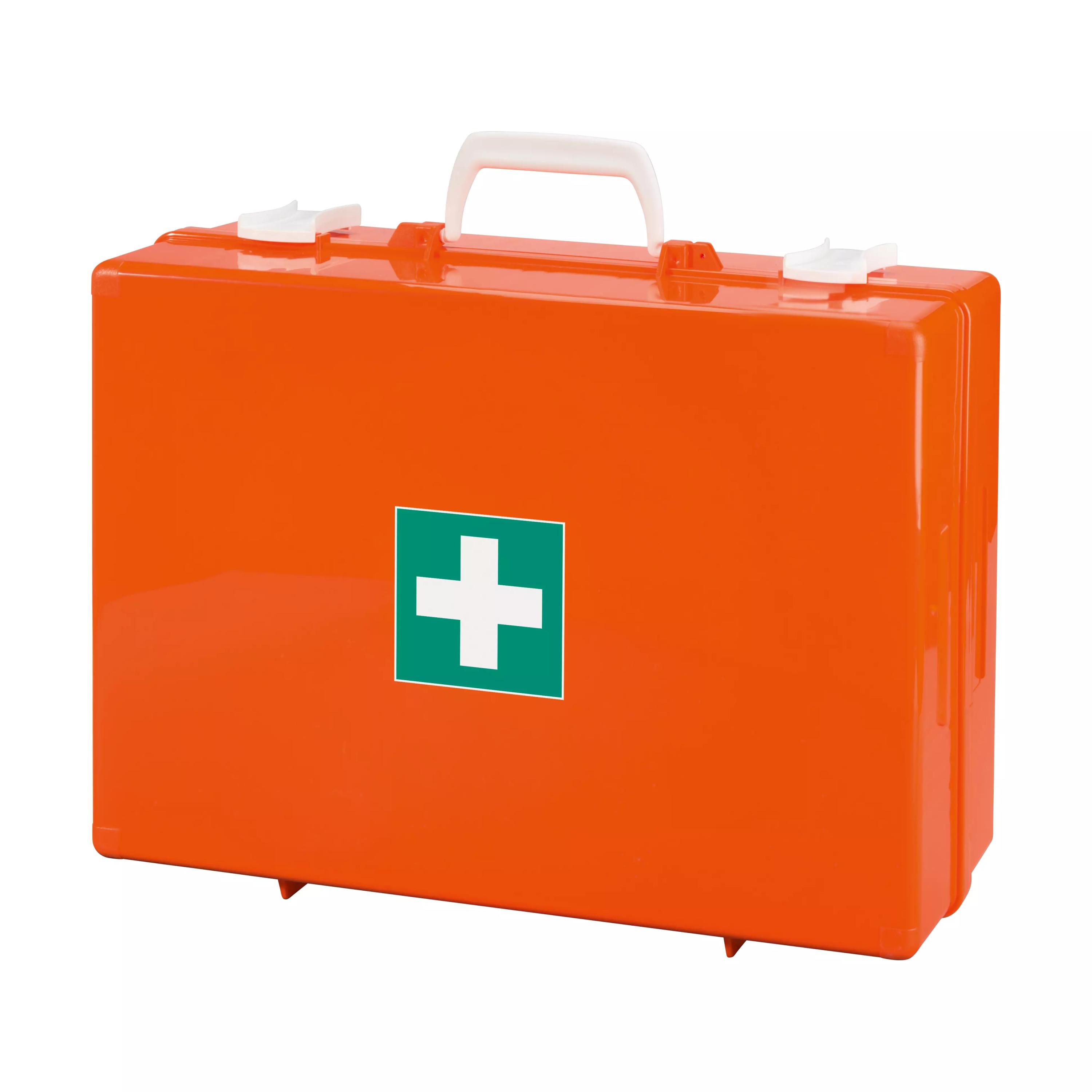 Stabiler, orangefarbener Werotop® Erste Hilfe Koffer 450 mit weißem Griff, großen Seitenclips, grünem Kreuz und robustem ABS-Kunststoffgehäuse.