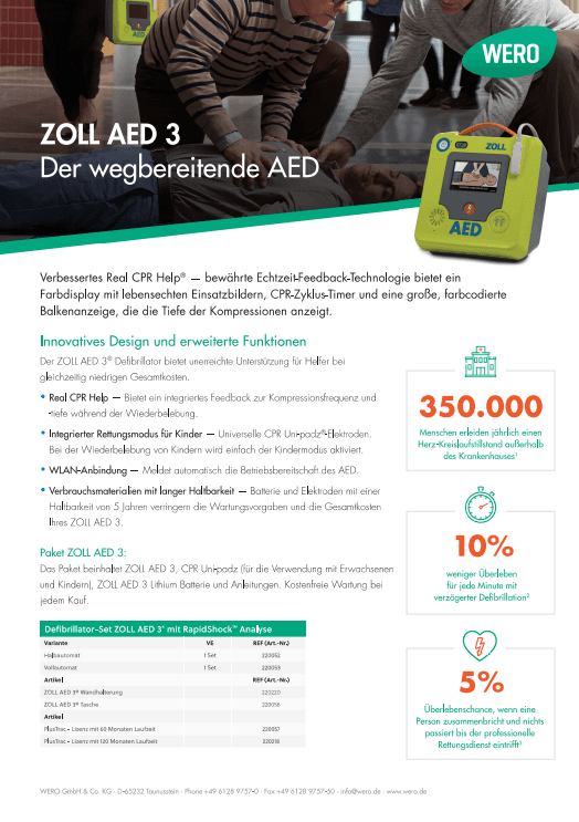 Defibrillator ZOLL AED 3 mit Echtzeit-CPR-Feedback, Hände auf Patiententorso, Gerät unterstützt korrekte Herzdruckmassage.