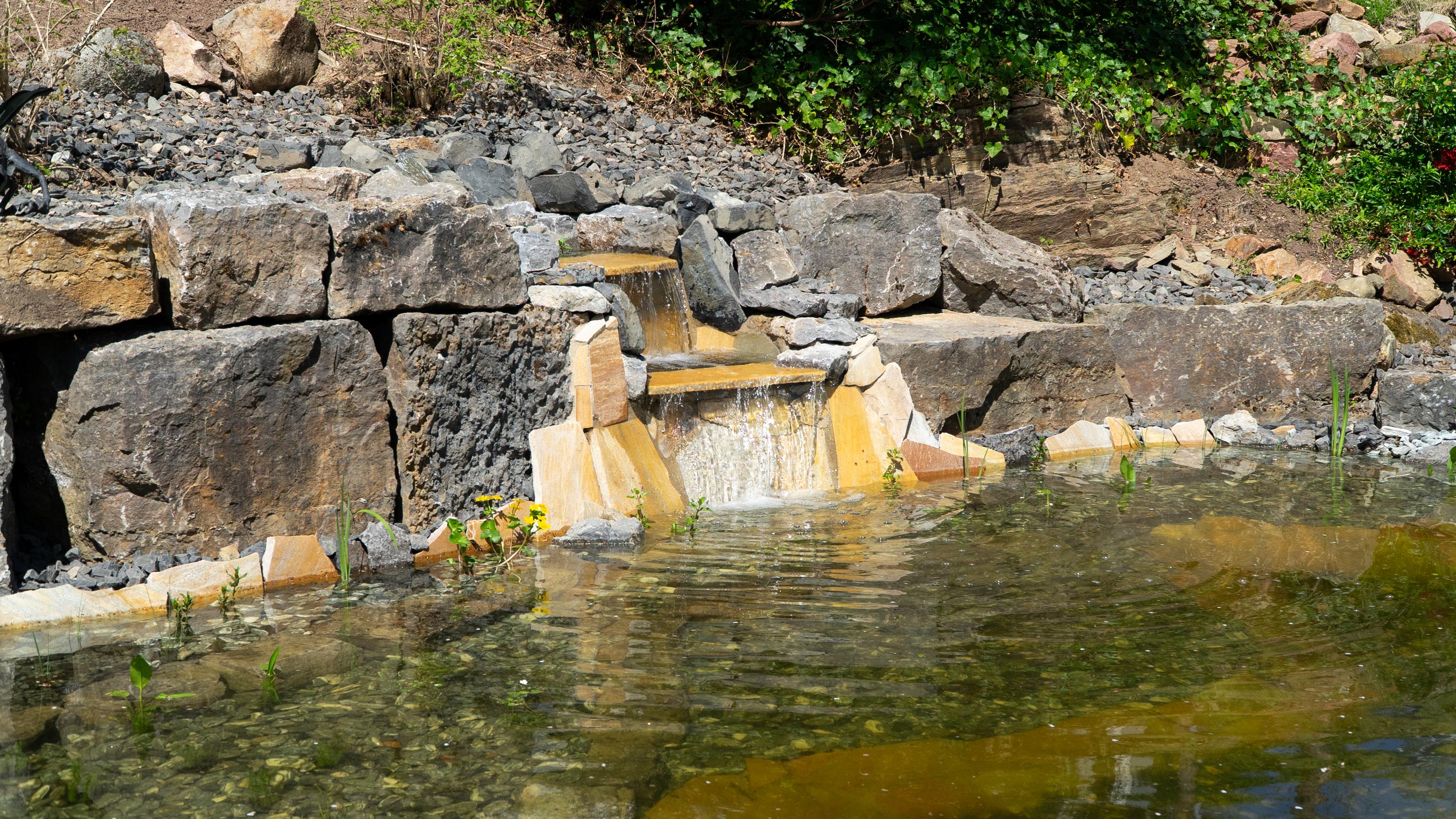 Wasserfall aus gestapelten Natursteinen mündet in einen klaren Gartenteich mit gelben Blumen und umliegender grüner Bepflanzung