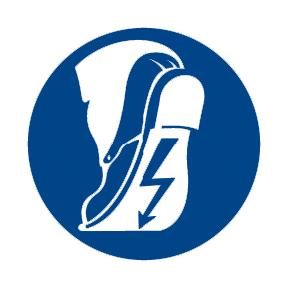 Ein weißes, seitlich gezeigtes Schuhsymbol mit blauem Blitz auf rundem Schild steht für Gebotszeichen: Leitfähiges Schuhwerk (ESD) benutzen.