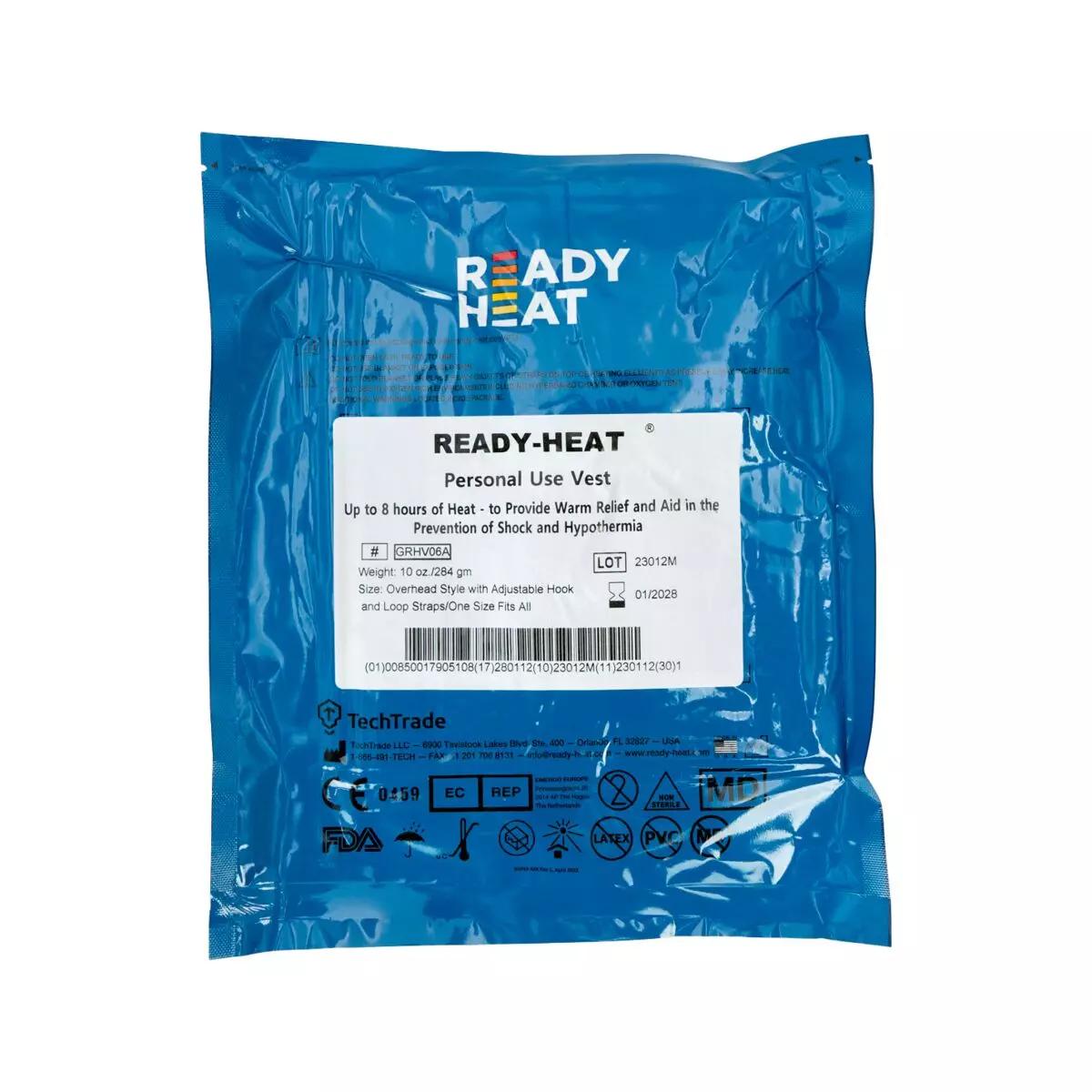 Ein versiegelter blauer Folienbeutel mit der Aufschrift Ready-Heat™ - Weste, 284 g, Einheitsgröße, mehrfach nutzbar zum Schutz vor Unterkühlung.