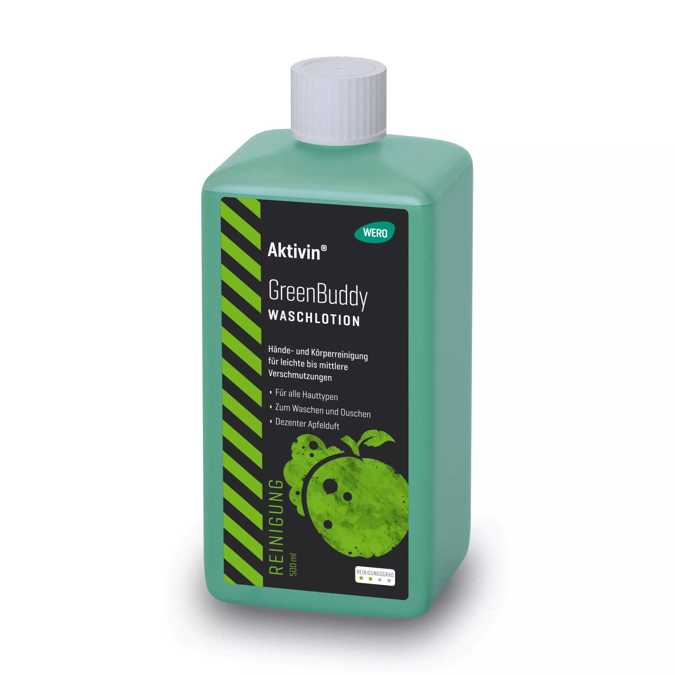 Eine rechteckige, grüne Flasche Waschlotion Aktivin® GreenBuddy mit weißem Deckel und Apfelabbildung, geeignet für alle Hauttypen.