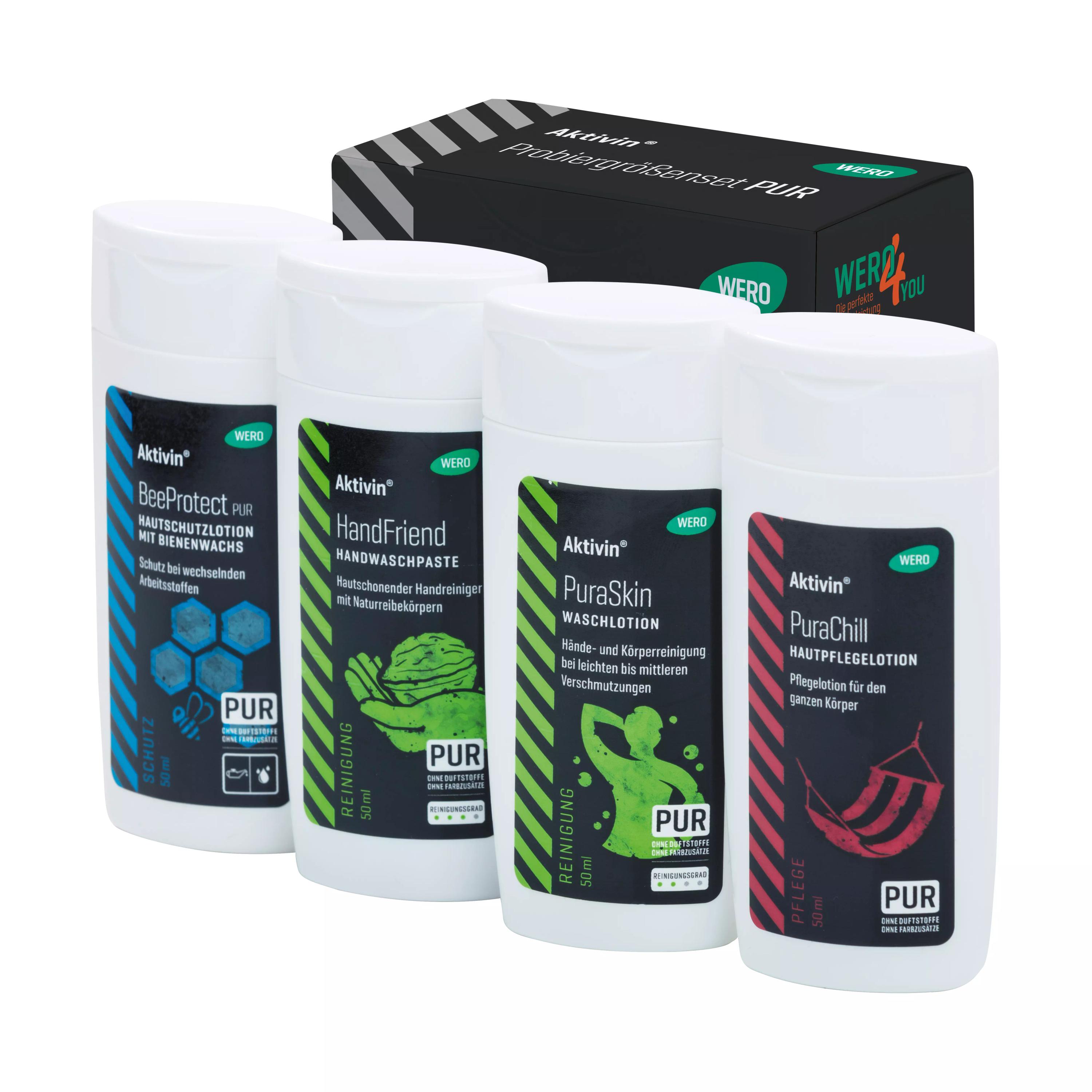 Vier 50ml Activin® Handseifenflaschen und eine gestreifte Probierbox mit WERO-Logo und pflanzlichen Motivik.