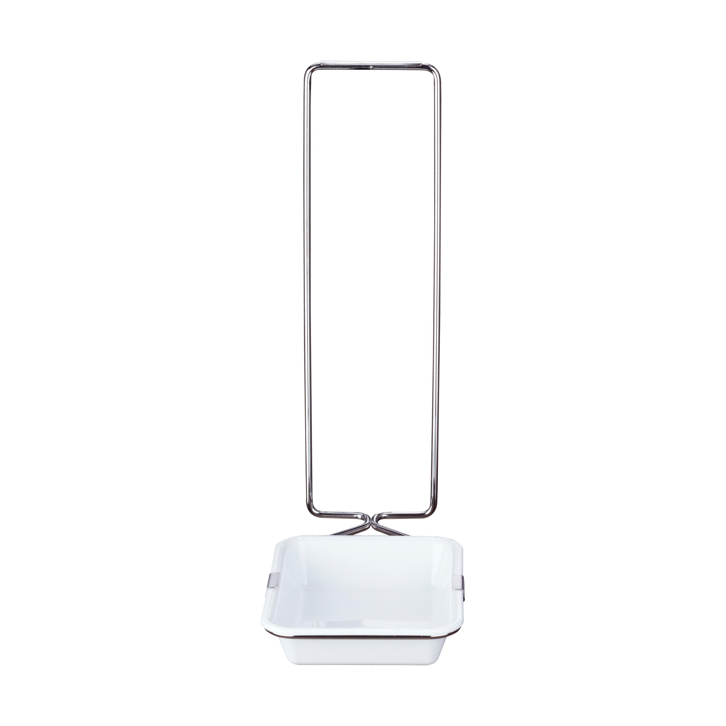 Schalenhalter mit Schale und Edelstahlbügel zum Hängen für ALU-Direktspender, schmale weiße Kunststoffschale mit stabilem Metallrahmen und Aufhängung.