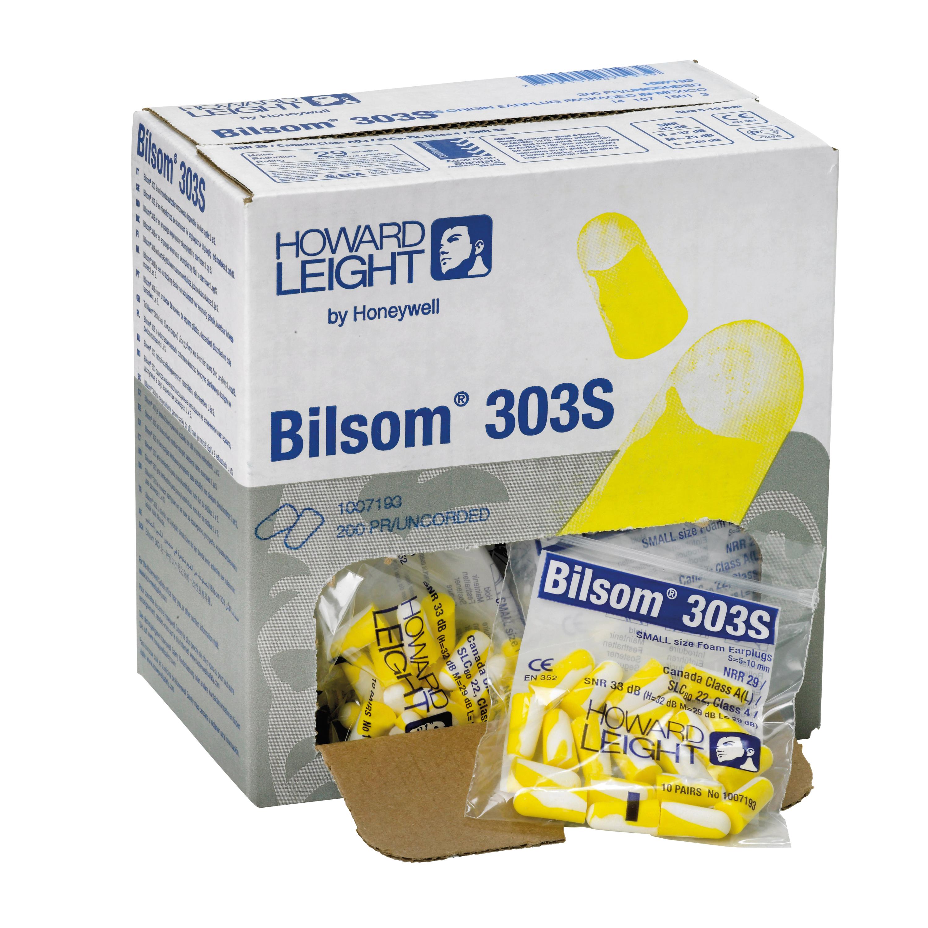 Eine geöffnete und eine geschlossene Taschenpackung Bilsom 303 Gehörschutzstöpsel in der Verteilerbox - S mit kleinen gelben Schaumstoffstöpseln.