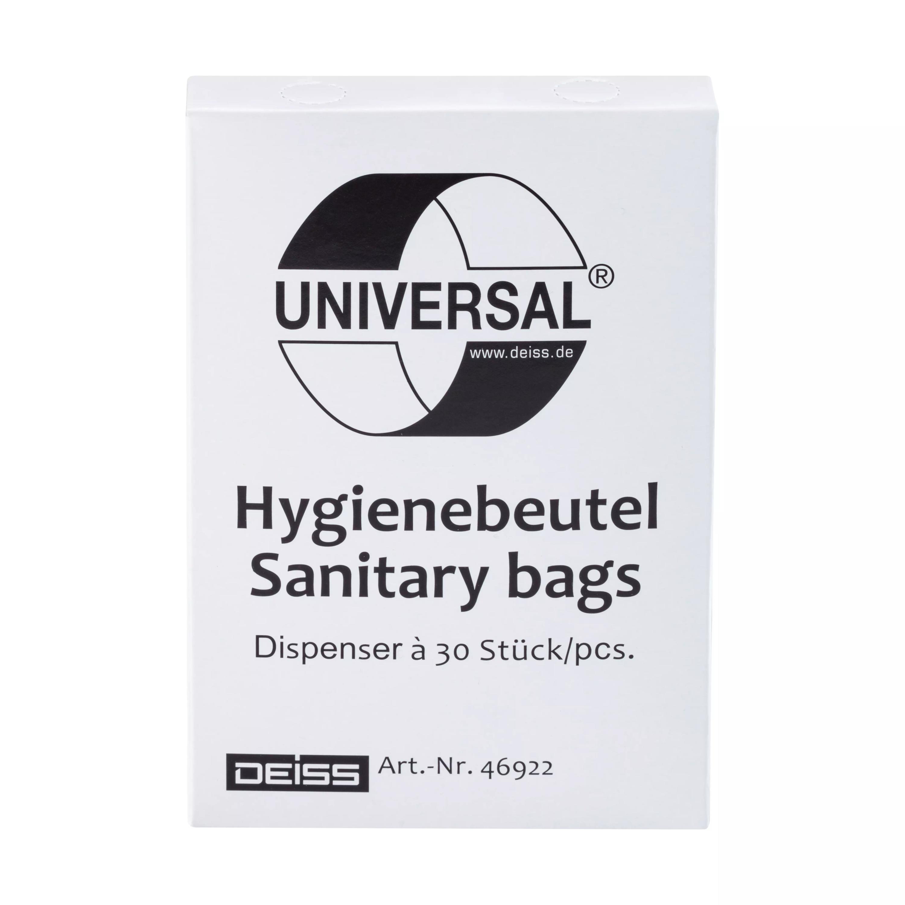 Weiße rechteckige Box mit schwarzem Universal-Logo, Beschriftung Hygienebeutel HDPE, 30 Stk und sichtbarer Artikelnummer.
