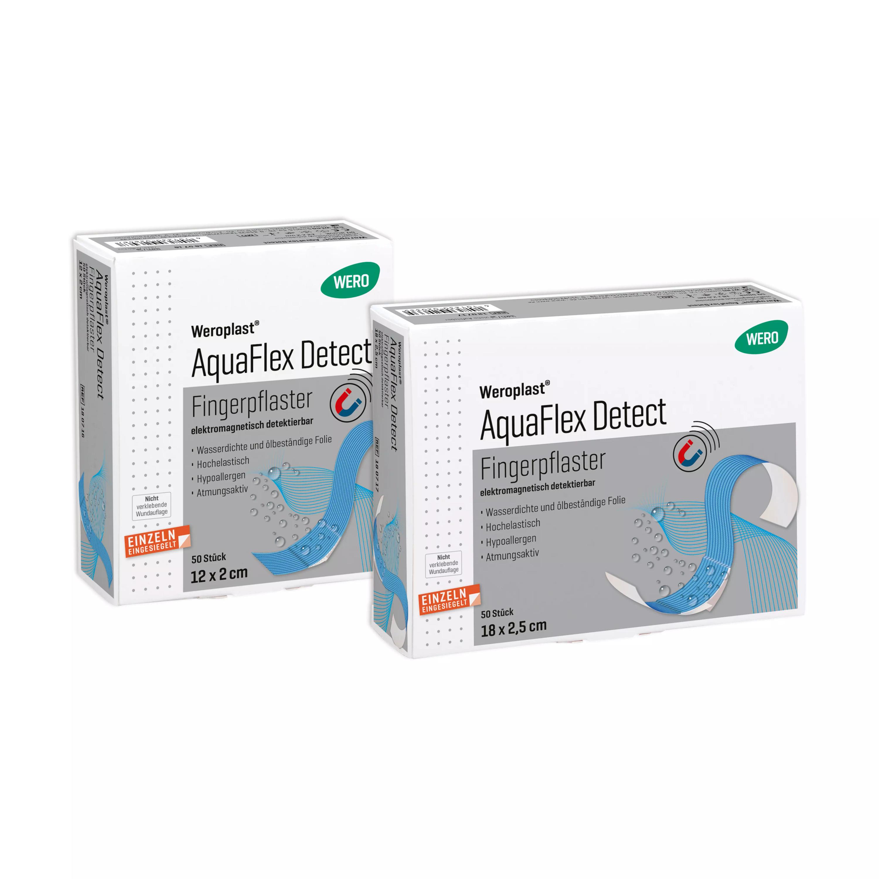 Zwei Schachteln Weroplast® AquaFlex Detect Fingerpflaster mit wasserdichter PU-Trägerfolie, blauer Farbe und detektierbarer Aluminiumschicht.