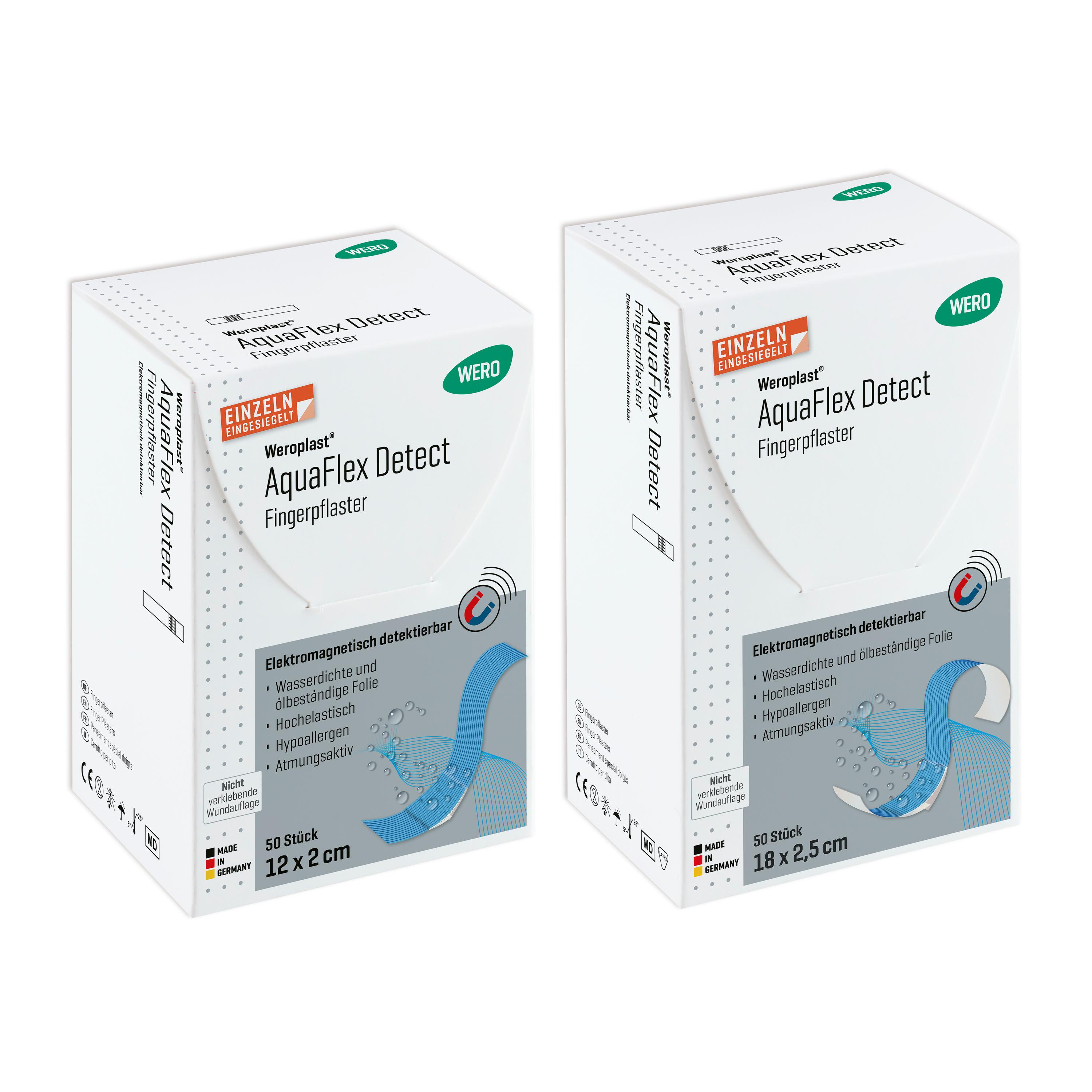 Zwei Schachteln Weroplast® AquaFlex Detect Fingerpflaster mit wasserdichter PU-Trägerfolie, blauer Farbe und detektierbarer Aluminiumschicht.