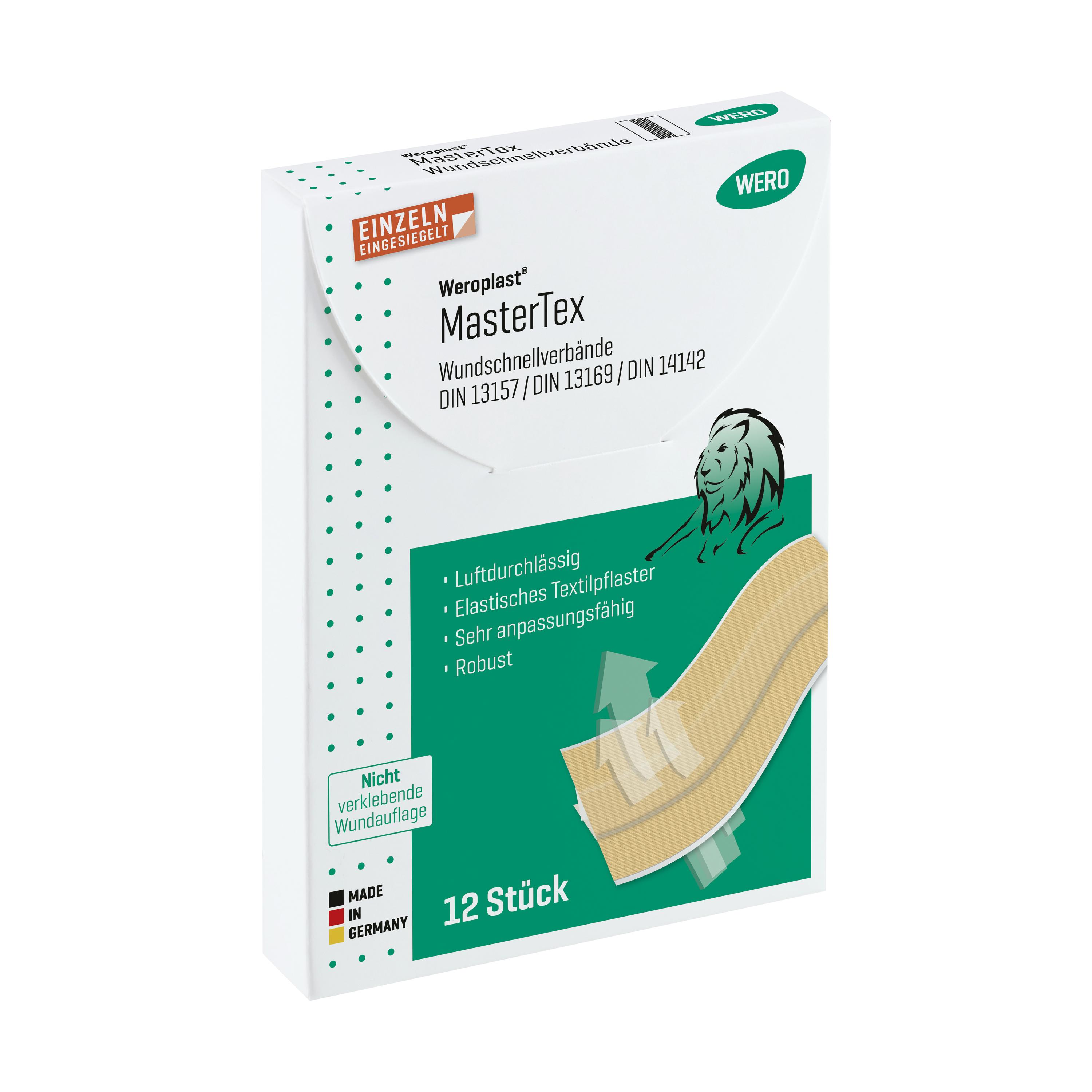 Weiße Schachtel Pflasterset Weroplast® MasterTex - Wundschnellverbände DIN 13157 mit grünem Label, Löwenmotiv und Hinweis auf robustes, feuchtigkeitsableitendes, verstärktes Gewebe.
