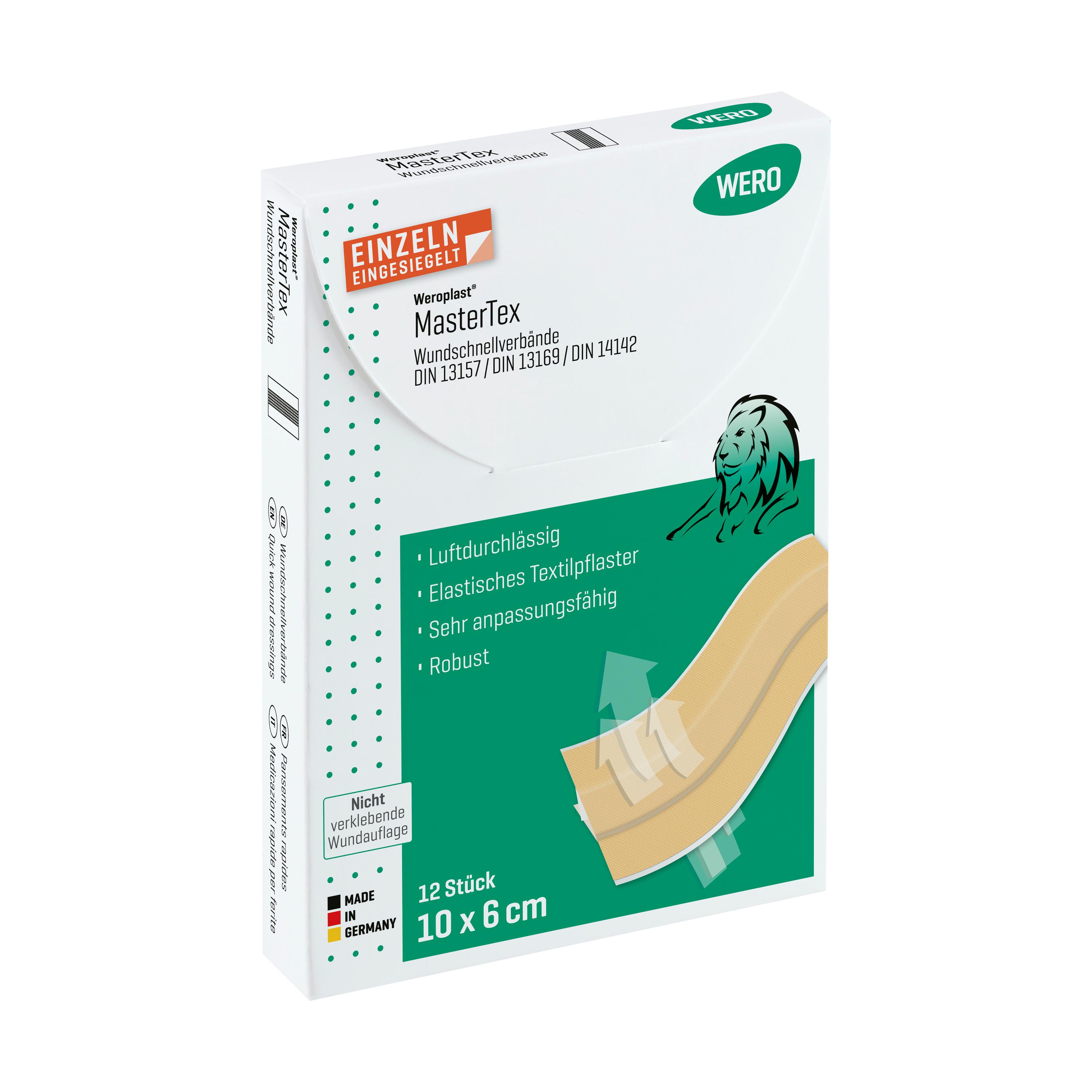 Weiße Schachtel Pflasterset Weroplast® MasterTex - Wundschnellverbände DIN 13157 mit grünem Label, Löwenmotiv und Hinweis auf robustes, feuchtigkeitsableitendes, verstärktes Gewebe.
