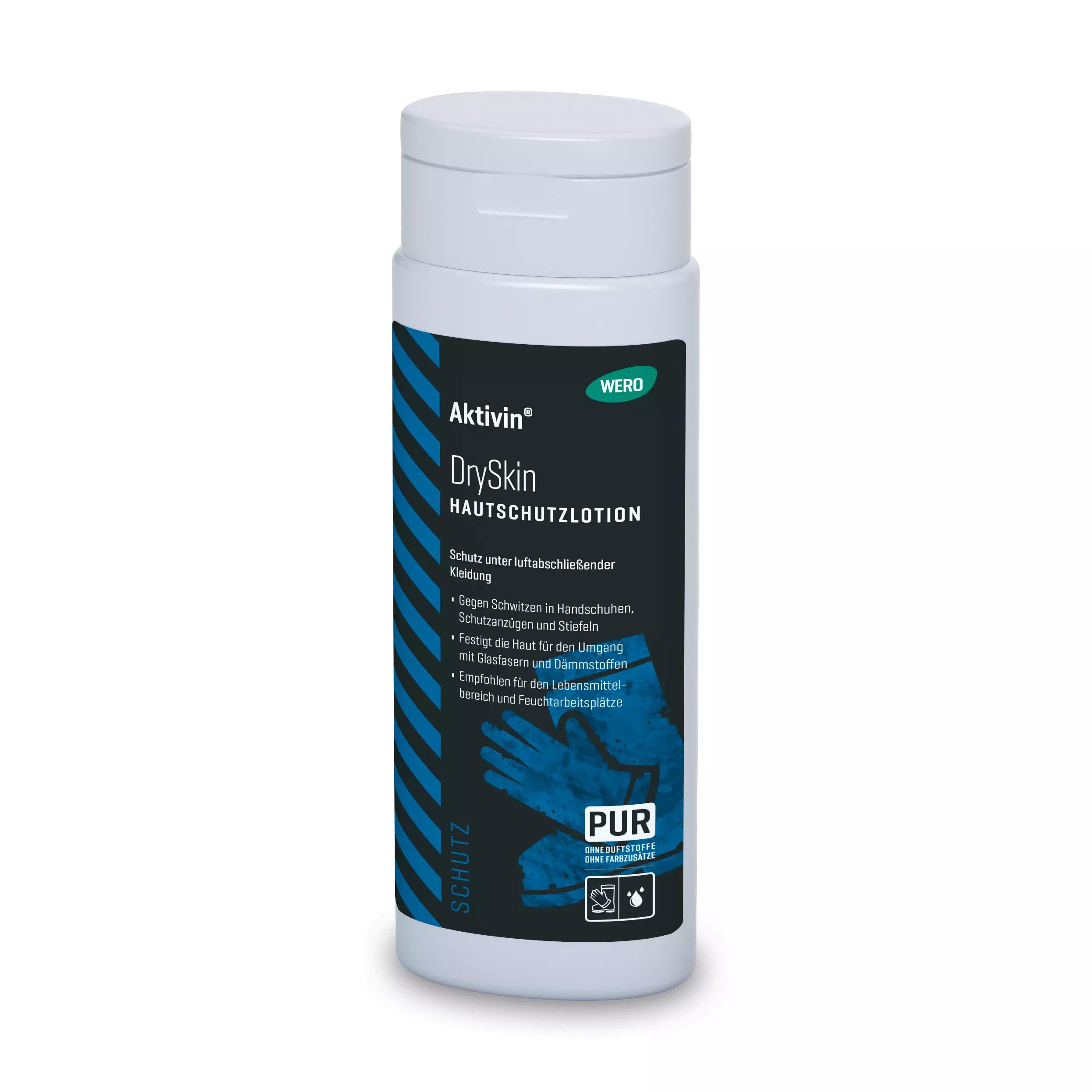 Die Flasche Hautschutzlotion Aktivin® DrySkin mit blauem Etikett besitzt 250 ml und schützt wirksam vor Schwitzen, Hauterweichung und wässrigen Arbeitsstoffen.