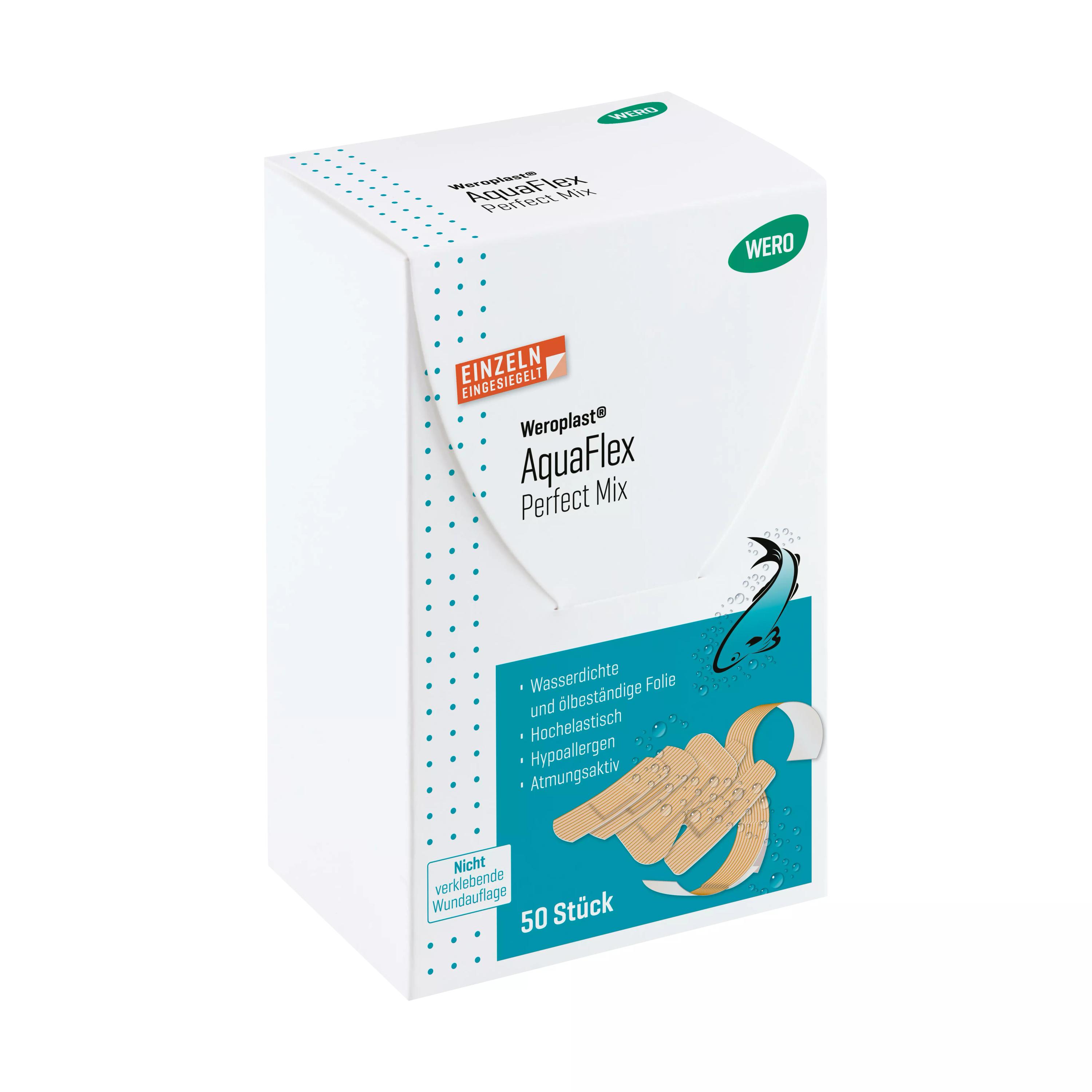 Eine aufrecht stehende Packung Weroplast® AquaFlex Pflaster - Perfect Mix mit blauem Deckel, 50 wasserdichten, flexiblen und hautschonenden Pflastern.