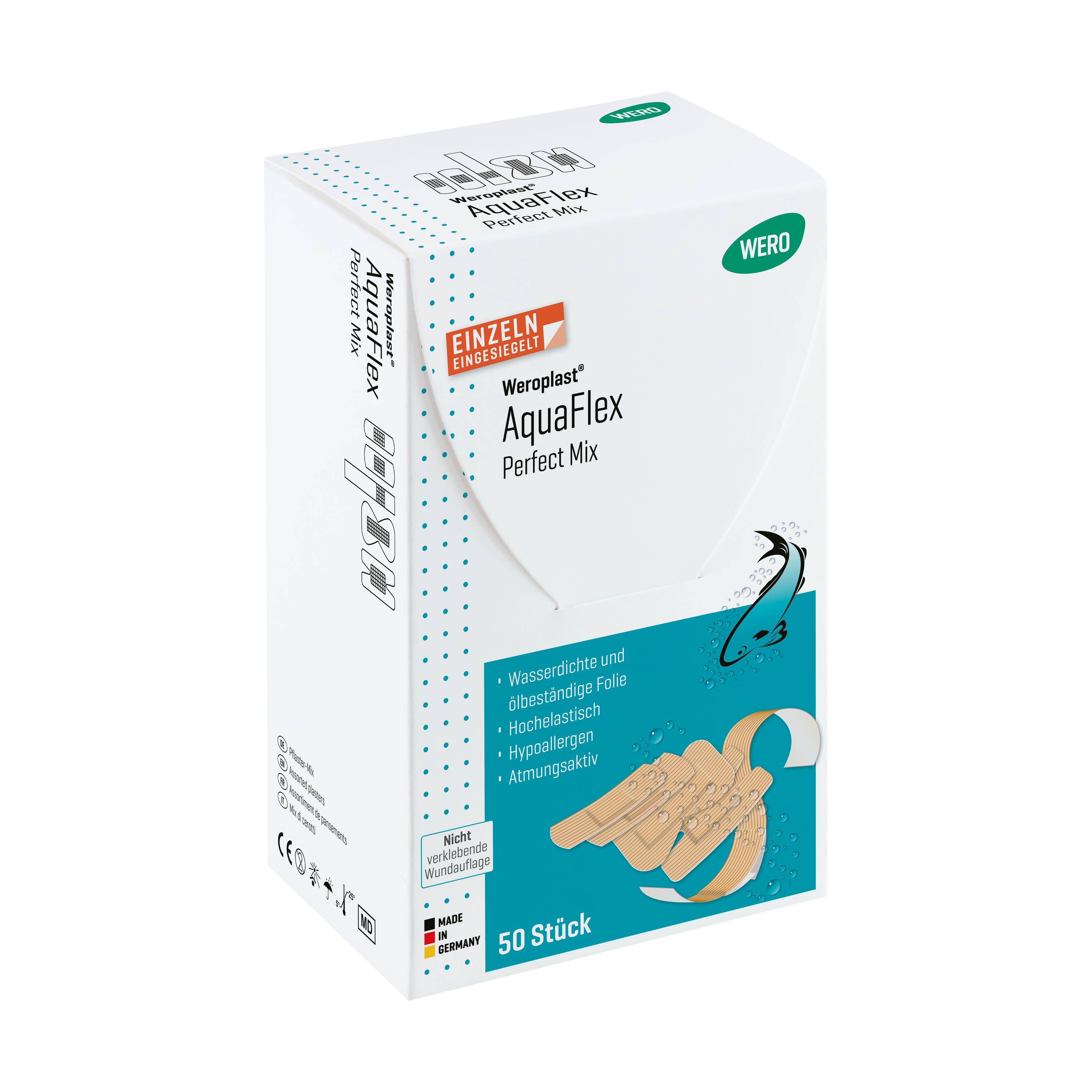 Eine aufrecht stehende Packung Weroplast® AquaFlex Pflaster - Perfect Mix mit blauem Deckel, 50 wasserdichten, flexiblen und hautschonenden Pflastern.