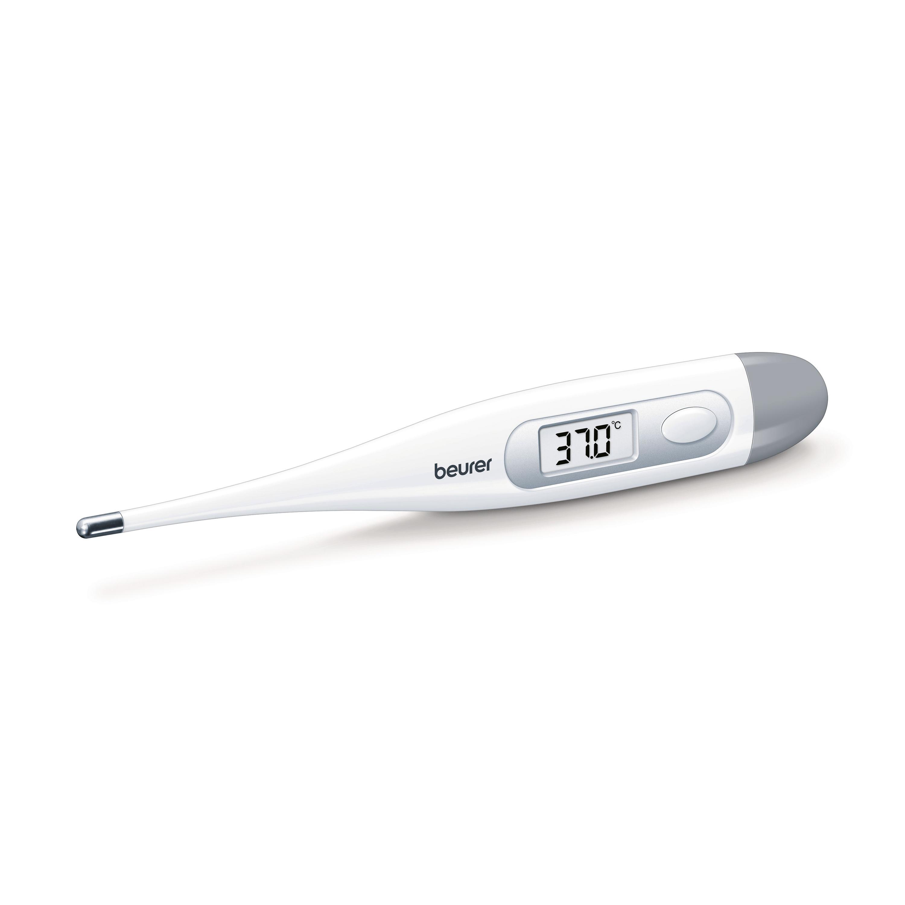 Ein Fieberthermometer Beurer FT 09 mit präziser Kontakt-Messtechnik, einfacher Handhabung und ca. 30 Sekunden Messzeit zeigt 37,0 °C an.