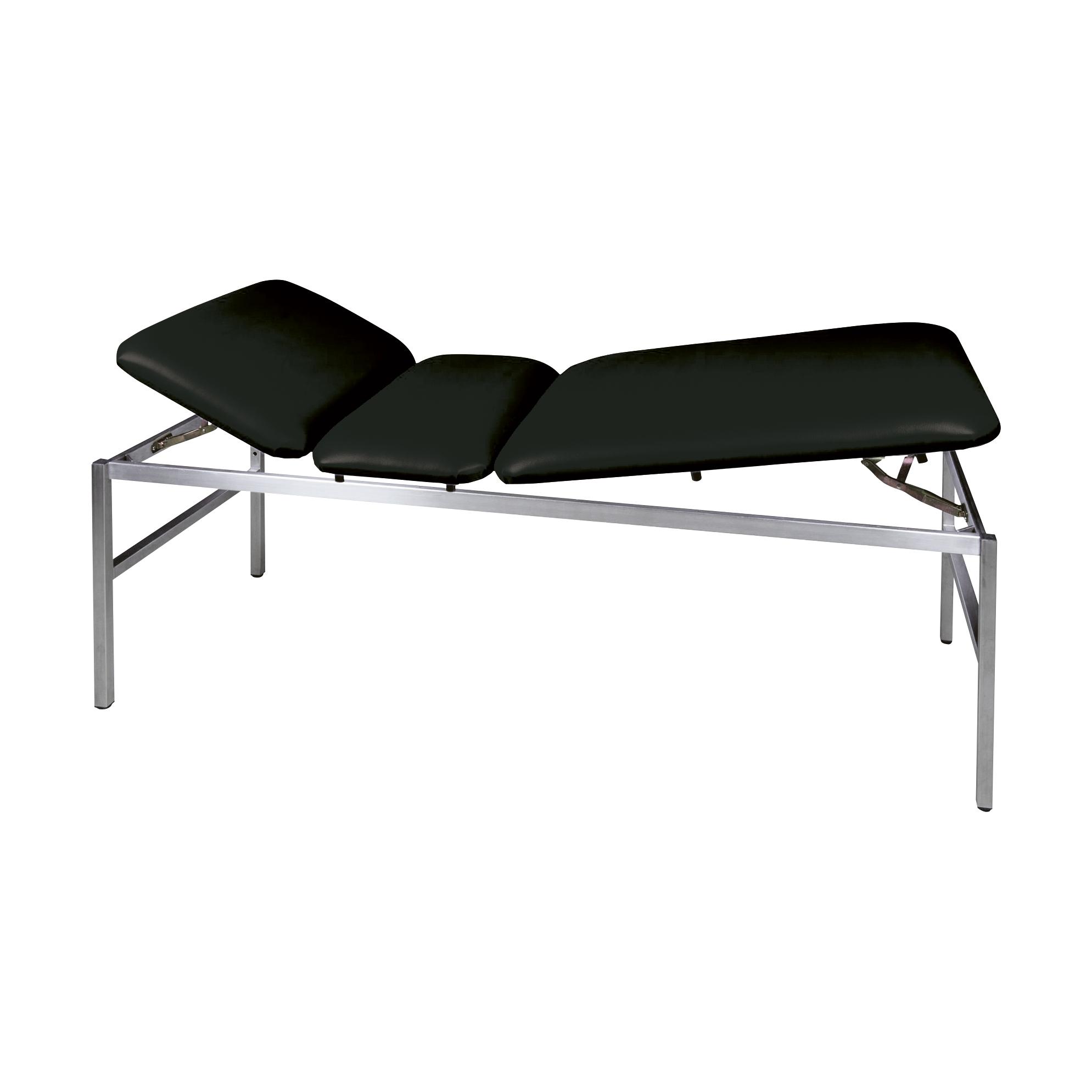 Untersuchungs- und Massageliege Modell 1520 – Schwarz mit Edelstahlgestell und dreiteiliger, gepolsterter Liegefläche mit seitlichen Rundungen.