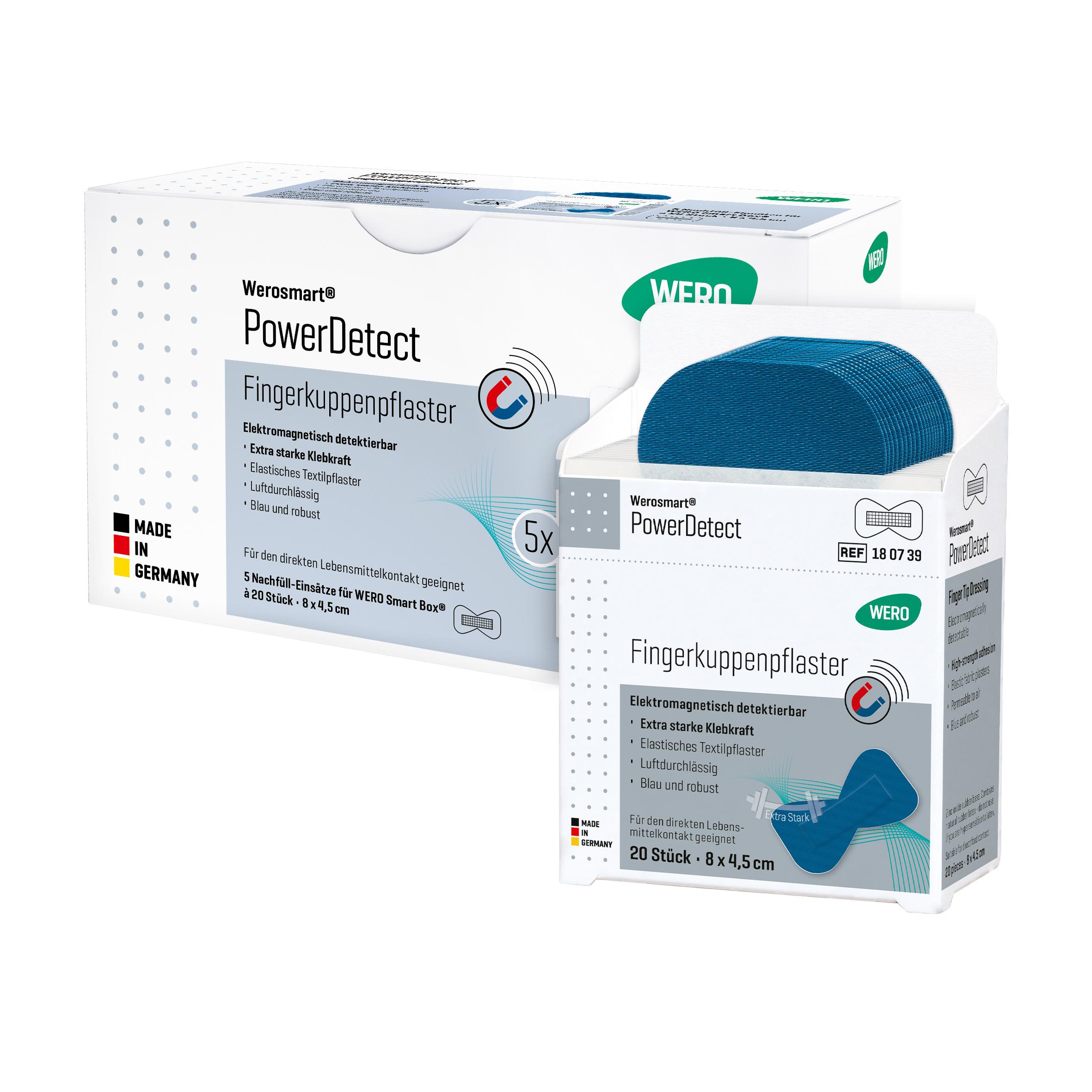 Zwei Verpackungen Werosmart® PowerDetect Pflasterspender-Einsätze Fingerkuppenpflaster mit blauer, detektierbarer, extra starker Klebekraft und Piktogramm-Markierung.