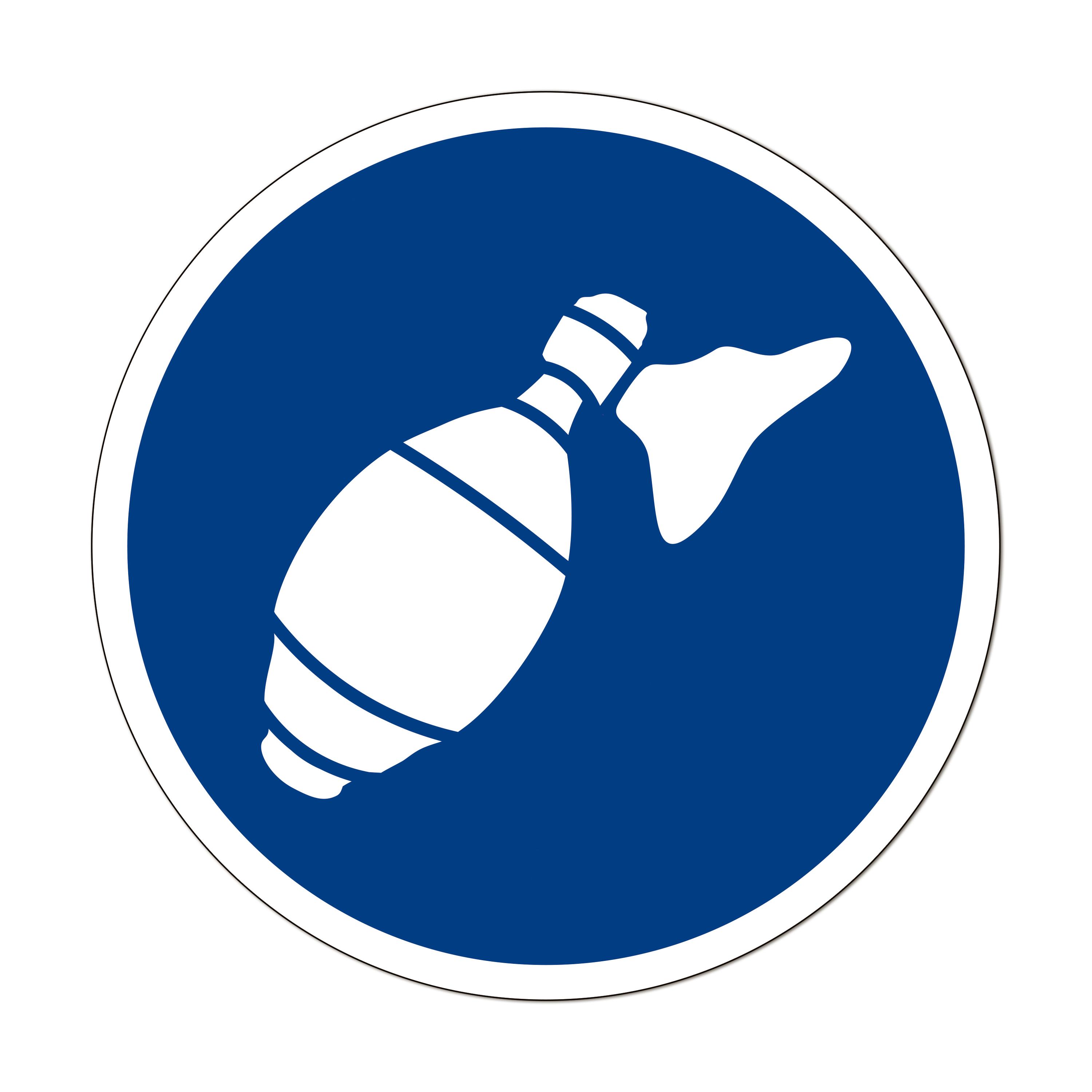 Rundes Symbol, zeigt einen weißen Beatmungsbeutel mit angeschlossenem Schlauch mittig auf blauem Grund, Kennzeichnung für Beatmungshilfe.