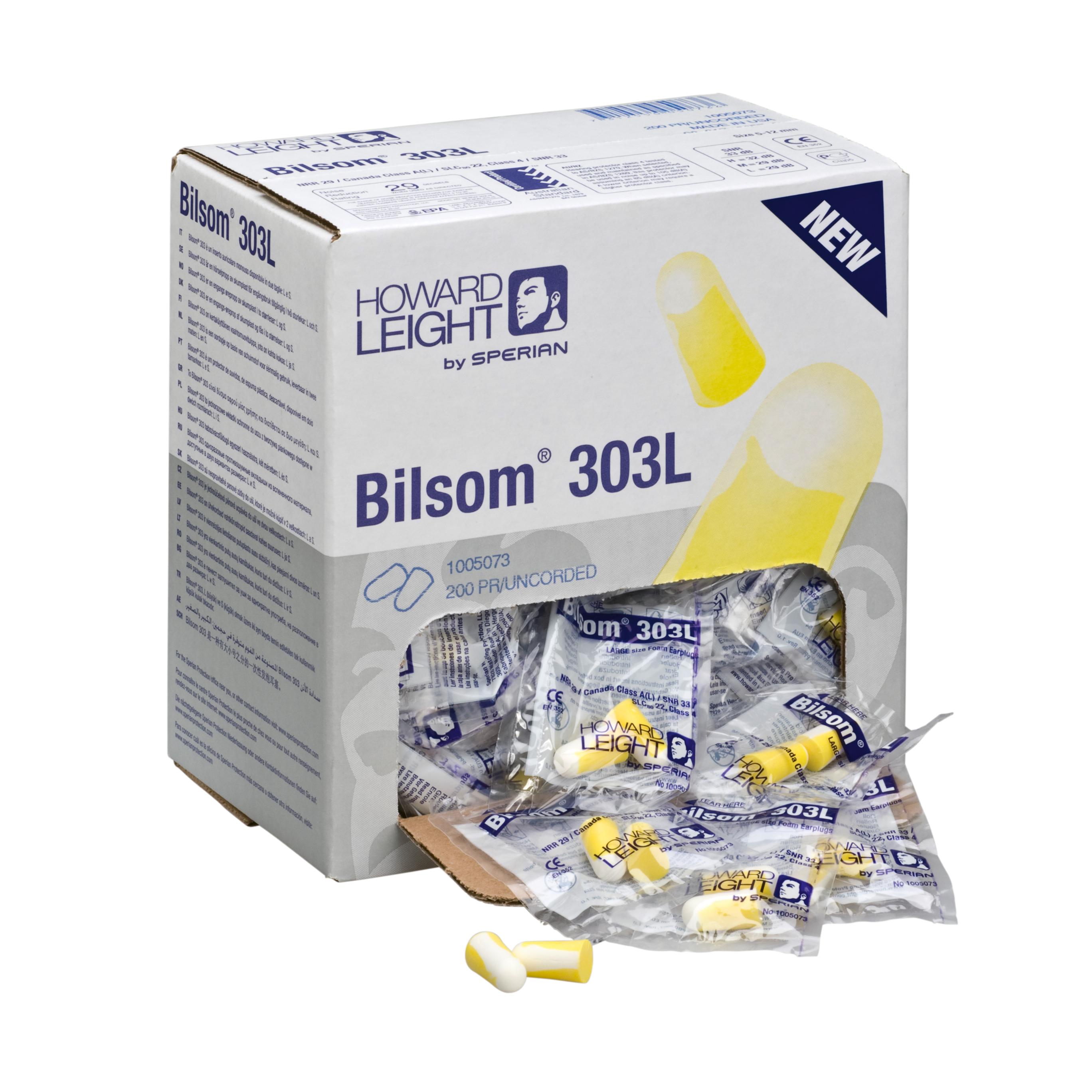 Mehrere gelb-weiße Bilsom® 303 L Gehörschutzstöpsel liegen teils ausgepackt vor einer weiß-blauen Einwegspenderbox mit Aufdruck und sichtbarem Ausgabeschlitz.