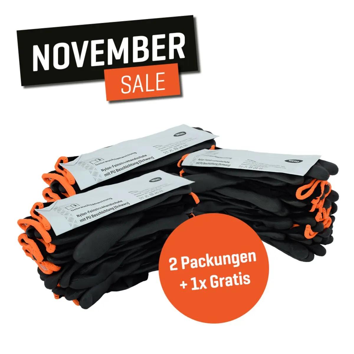 Drei Packungen schwarze und orange Arbeitshandschuhe mit Aufschrift „Nylon-Filmsandteig“ und „Pf Leder/Passiv-Filmsandteig“ im November-Sale-Angebot.